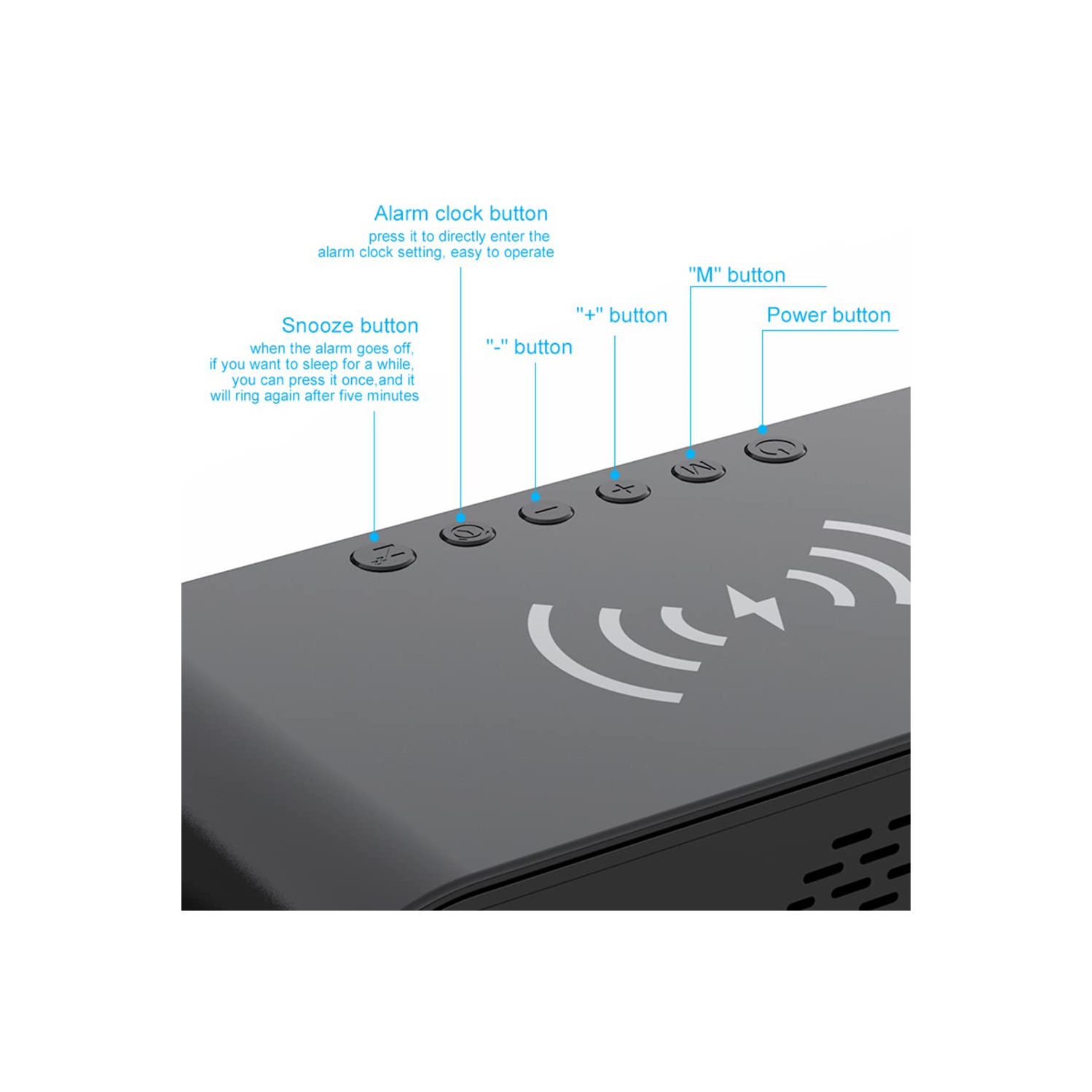 Réveille-matin numérique avec recharge sans fil, chargeur sans fil Horloge avec mode de rappel de ligne de recharge Température 12/24H Minuterie de