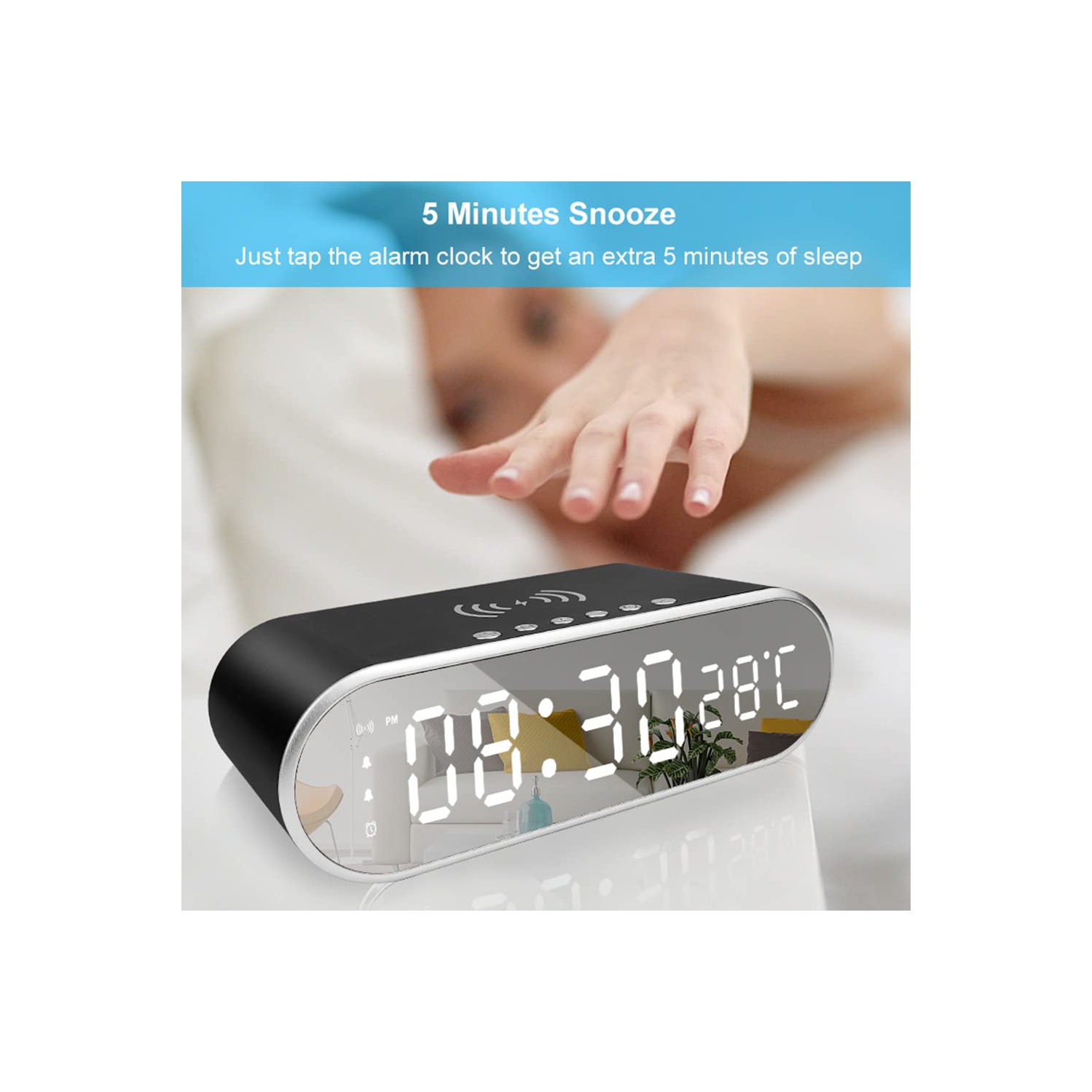 Réveille-matin numérique avec recharge sans fil, chargeur sans fil Horloge avec mode de rappel de ligne de recharge Température 12/24H Minuterie de