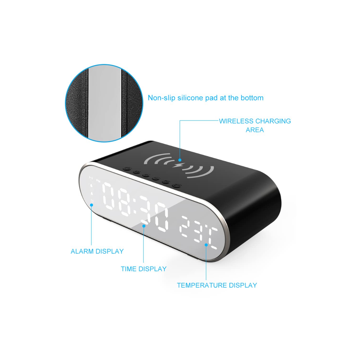 Réveille-matin numérique avec recharge sans fil, chargeur sans fil Horloge avec mode de rappel de ligne de recharge Température 12/24H Minuterie de