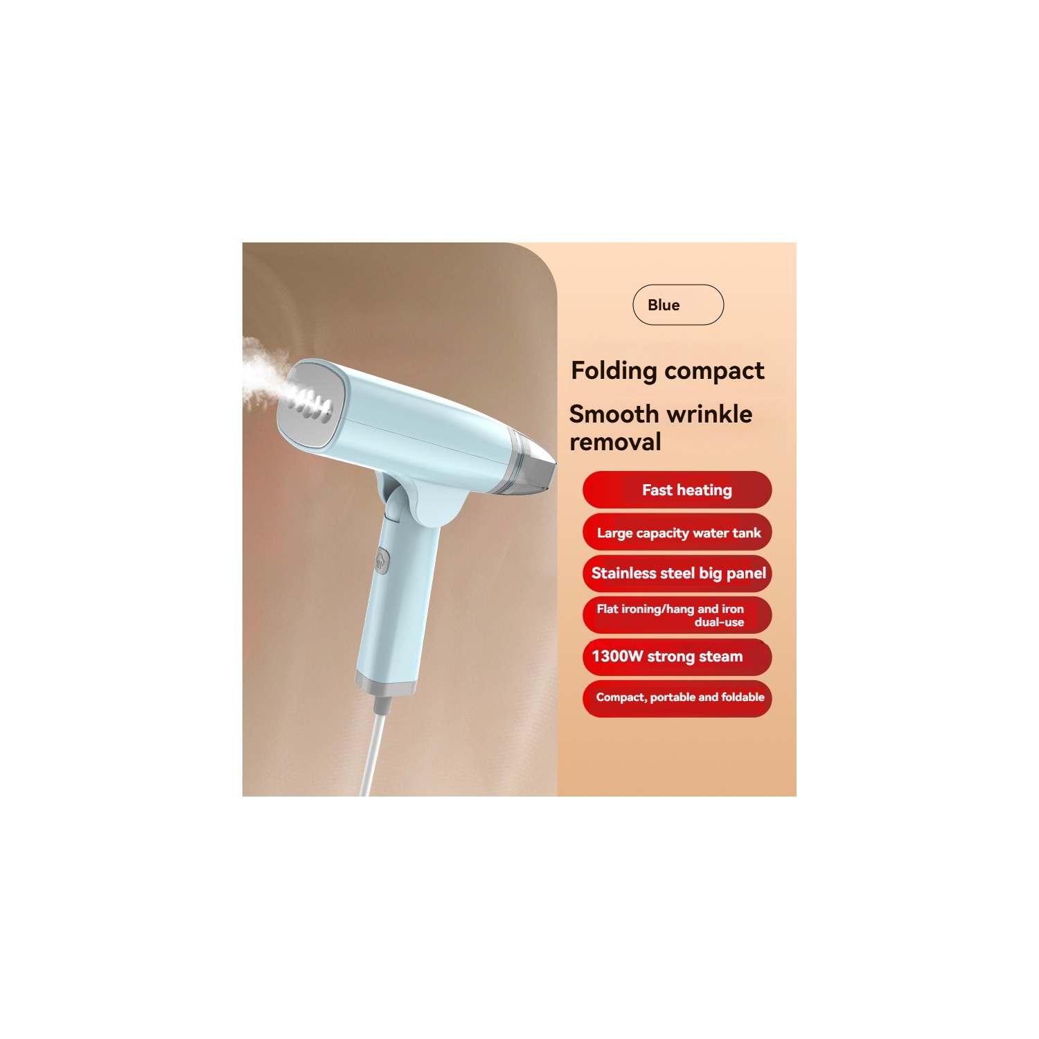 1300W foldable portable steam iron, large capacity water tank and stainless steel panel, fast ironing, anti-wrinkle effect, suitable for