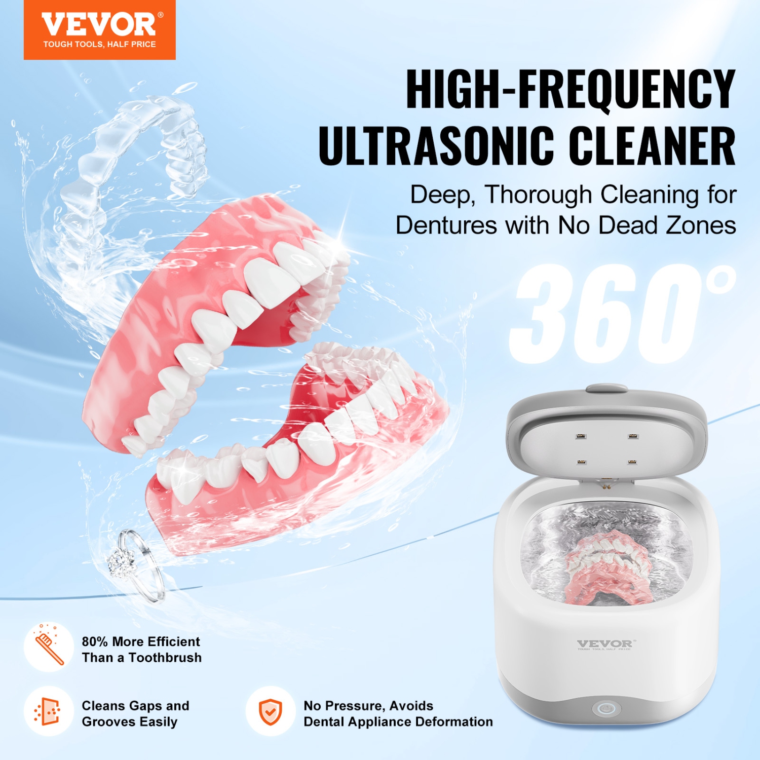 VEVOR 200ML Ultrasonic Retainer Cleaner for Dentures with UV Light, 30W Cleaning Machine for Dental, Retainer, Aligner, Braces, Mouth Guards,