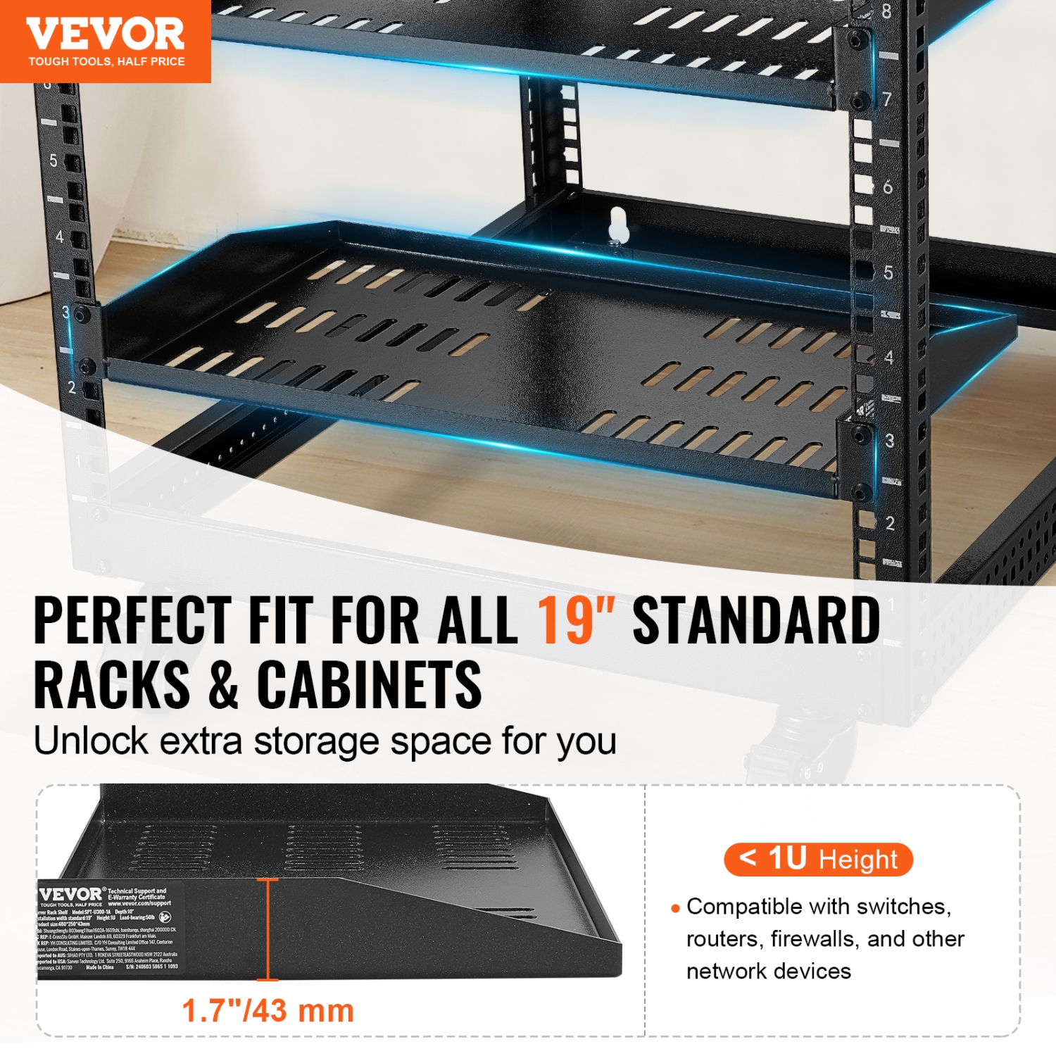 VEVOR 2PCS 1U Server Rack Shelf, 10"/254 mm Depth, 50 lbs Max Load Capacity Vented Cantilever or Wall Mount Rack Mount Shelf with Tray, Good Air