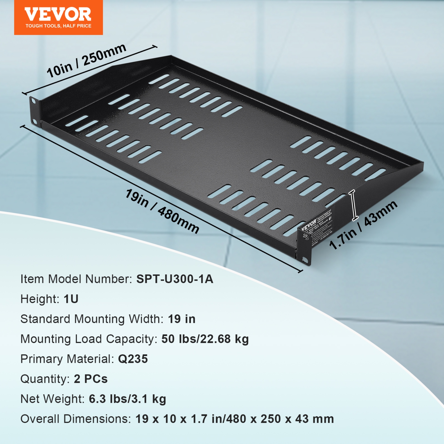VEVOR 2PCS 1U Server Rack Shelf, 10"/254 mm Depth, 50 lbs Max Load Capacity Vented Cantilever or Wall Mount Rack Mount Shelf with Tray, Good Air