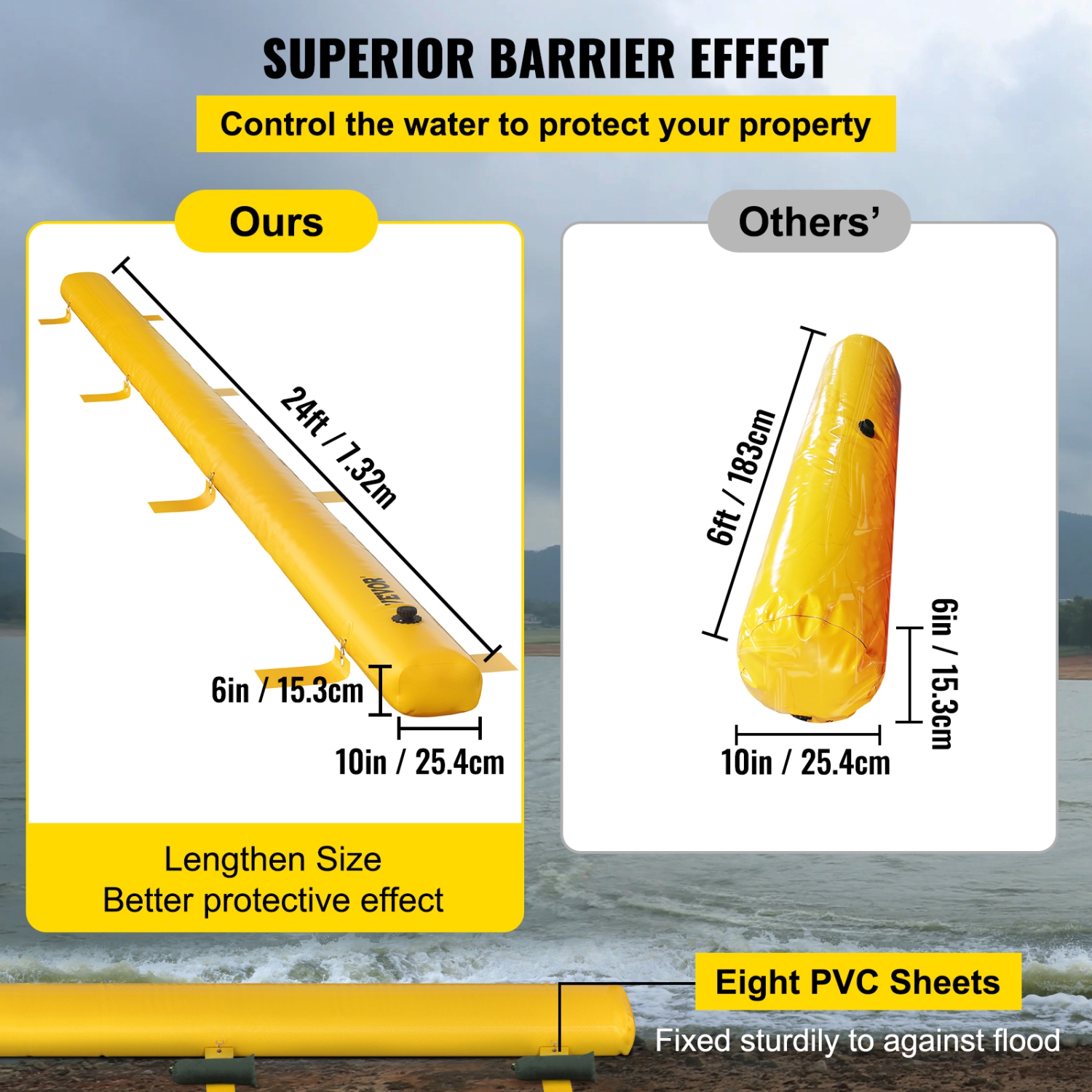 VEVOR 24 ft Length Flood Barrier, 6 in Height, Water Barrier for Flooding with Great Waterproof Effect, Reusable PVC Water Diversion Tubes, Flood