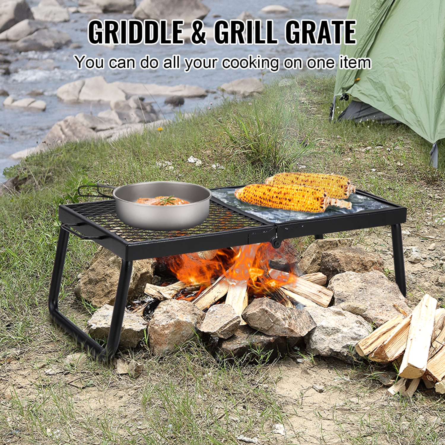 VEVOR Folding Campfire Grill, Heavy Duty Steel Mesh Grate, 22.4" Portable Camping Grates Over Fire Pit, Camp Fire Cooking Equipment with Legs