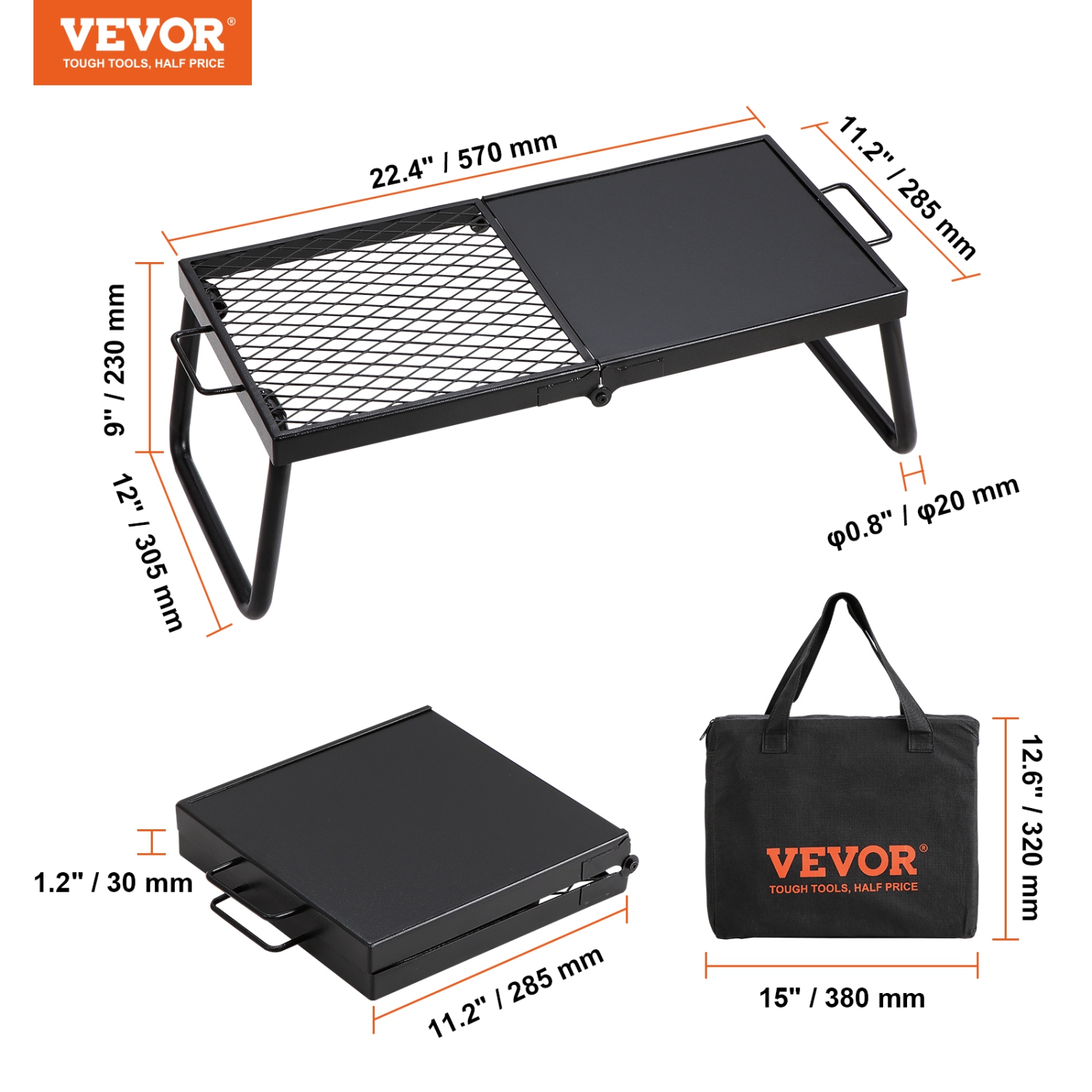 VEVOR Folding Campfire Grill, Heavy Duty Steel Mesh Grate, 22.4" Portable Camping Grates Over Fire Pit, Camp Fire Cooking Equipment with Legs