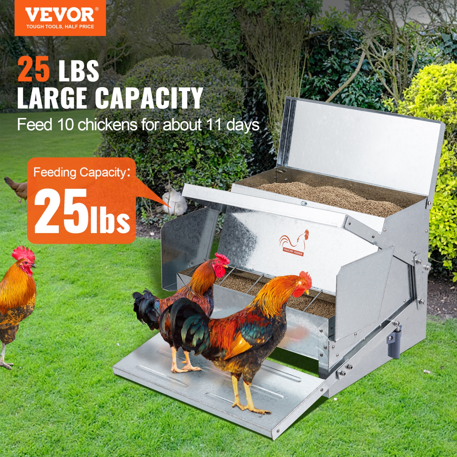 VEVOR 25 lbs Automatic Chicken Feeder, Capacity Feeds 10 Chickens up to 11 Days, Galvanized Steel Poultry Feeder