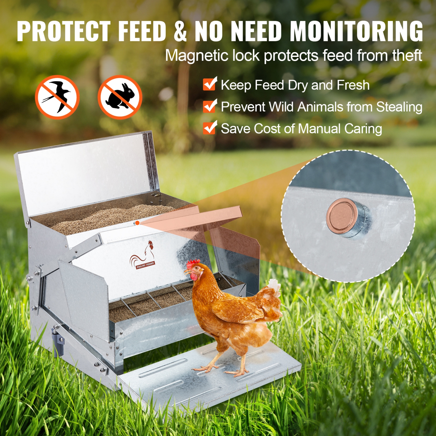VEVOR 25 lbs Automatic Chicken Feeder, Capacity Feeds 10 Chickens up to 11 Days, Galvanized Steel Poultry Feeder