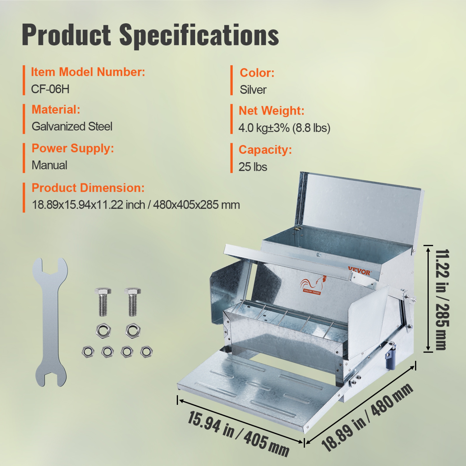 VEVOR 25 lbs Automatic Chicken Feeder, Capacity Feeds 10 Chickens up to 11 Days, Galvanized Steel Poultry Feeder