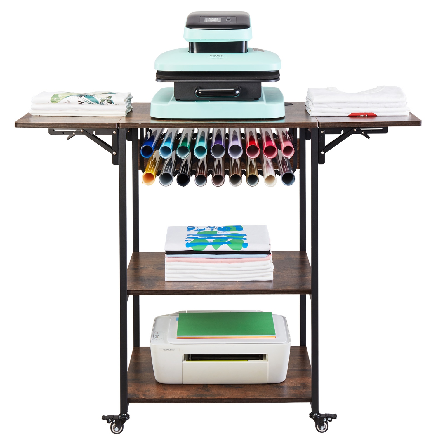 VEVOR 3 Tier Heat Press Table,Movable Heat Press Stand,Heat Transfer Machine Stand with Wheels and Vinyl Roll Holder,Rolling Metal Workbench for