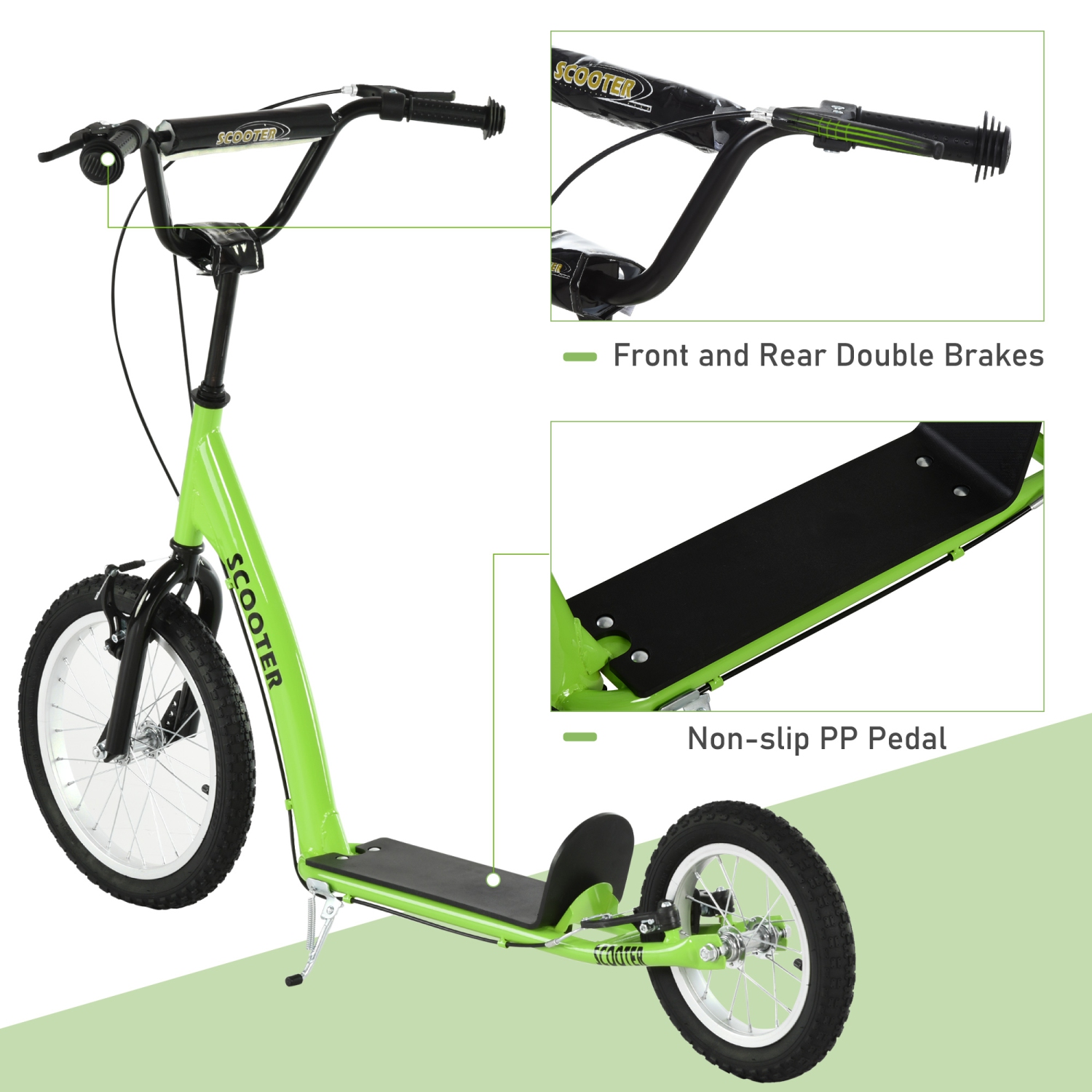 Aosom Kids Scooter for Age 5+, Youth Kick Scooter with Adjustable Handlebar, Front and Rear Dual Brakes, Inflatable Wheels, Green