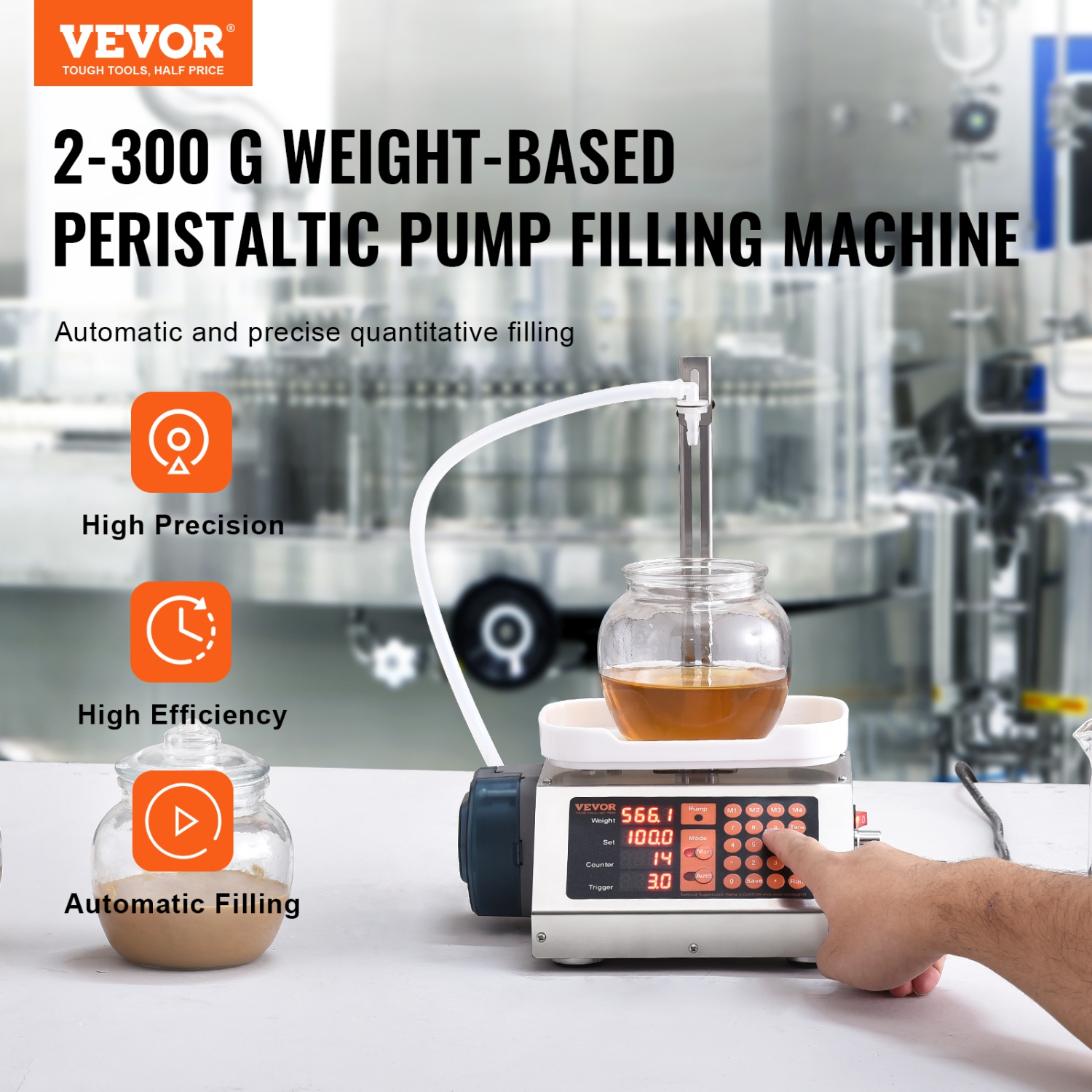 VEVOR Liquid Filling Machine, 5-300 g Weighing Capacity, Automatic Bottle Filler Machine, Bottling Machine Peristaltic Pump Digital Control for Milk,