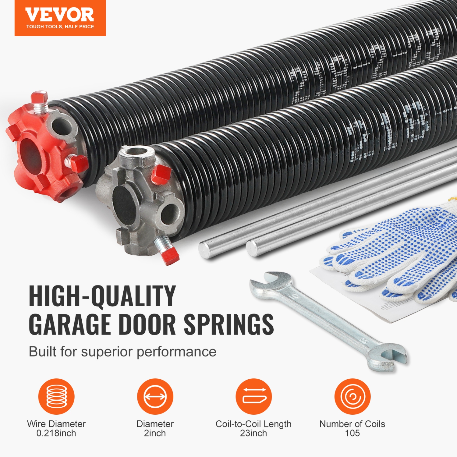 VEVOR 0.218 x 2 x 23inch Garage Door Torsion Springs,Garage Door Springs with Non-Slip Winding Bars,16000 Cycles,Gloves and Mounting Wrench,