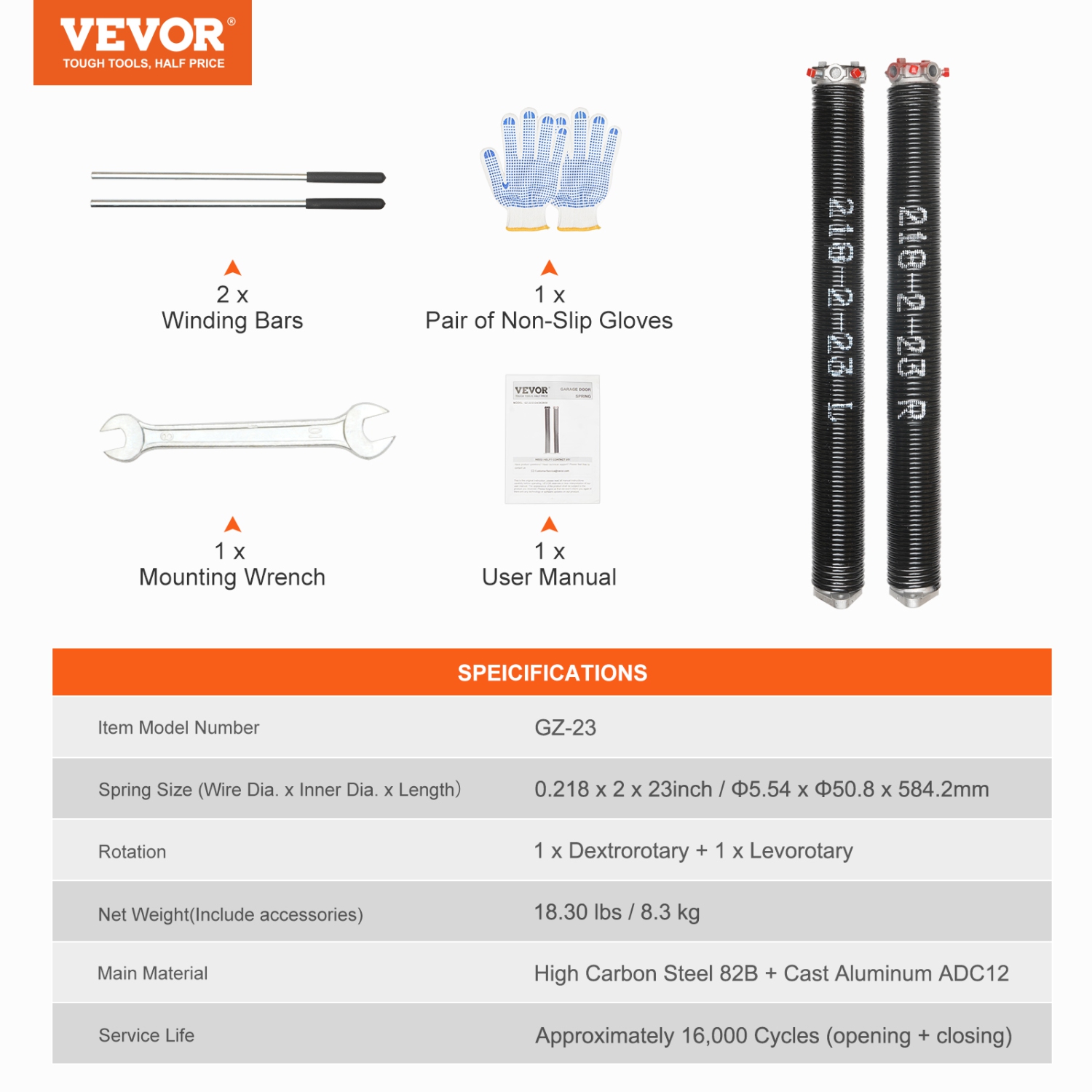 VEVOR 0.218 x 2 x 23inch Garage Door Torsion Springs,Garage Door Springs with Non-Slip Winding Bars,16000 Cycles,Gloves and Mounting Wrench,