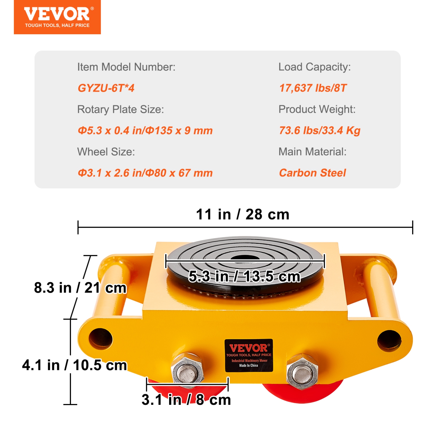 VEVOR 4PCS Machinery Skate Dolly,17637 LBS/8T Industrial Machinery Mover,Carbon Steel Machinery Skate with 4 PU Wheels and 360° Rotation Non-Slip Cap