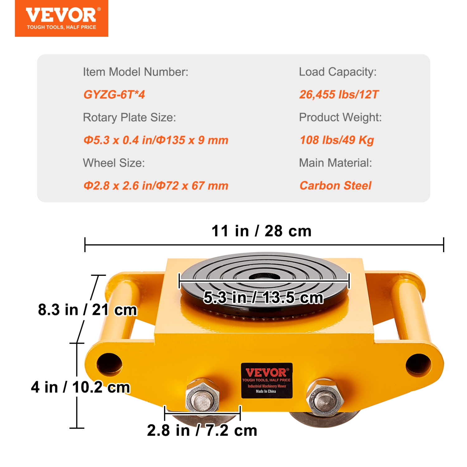 VEVOR 4PCS Machinery Skate Dolly,26455LBS/12T Industrial Machinery Mover,Carbon Steel Machinery Skate & 4 Carbon Steel Wheels and 360° Rotation