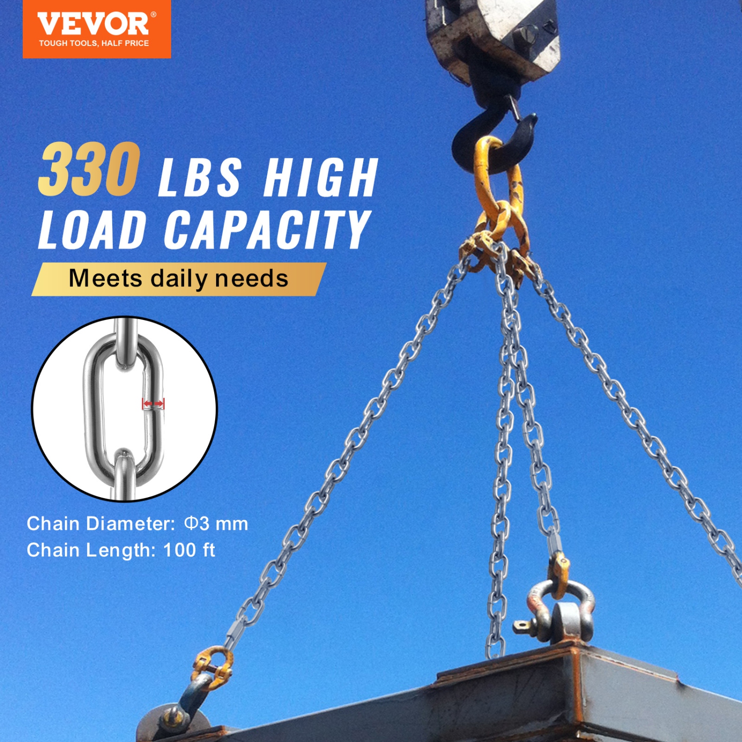VEVOR 1/8" x 100' Proof Coil Chain, 330 lbs Safe Working Load, Zinc Plated Proof Tested Coil Chain with Two Quick Links, Galvanized Carbon Steel Link
