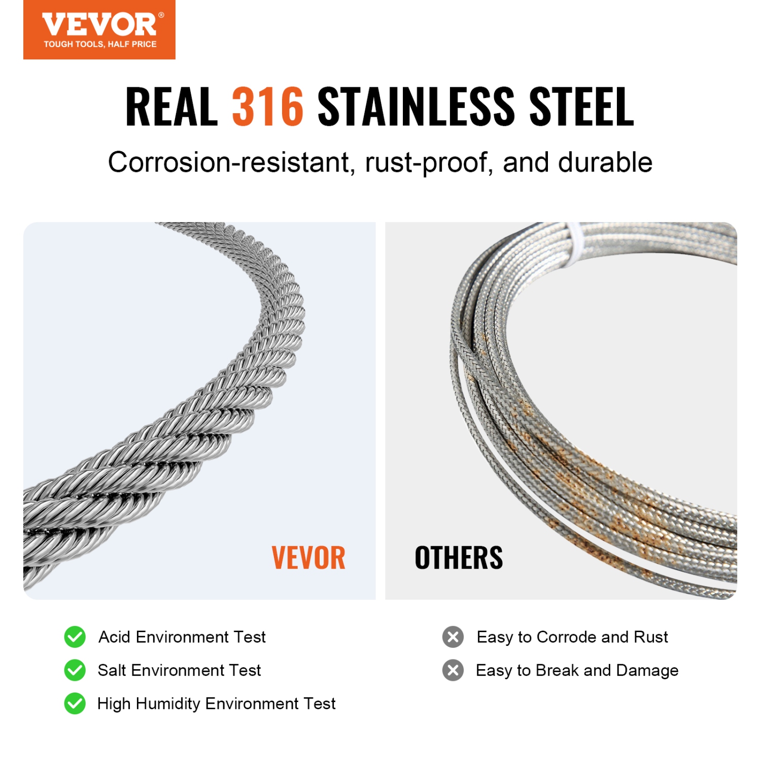 VEVOR 1/8" Wire Rope Kit, 100 ft 316 Stainless Steel Cable with 20 Sleeves and 10 Thimbles, 1600 lbs Breaking Strength, 7x7 Strands Marine Aircraft