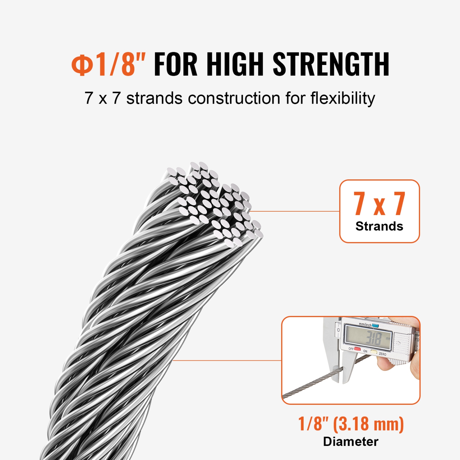 VEVOR 1/8" Wire Rope Kit, 100 ft 316 Stainless Steel Cable with 20 Sleeves and 10 Thimbles, 1600 lbs Breaking Strength, 7x7 Strands Marine Aircraft