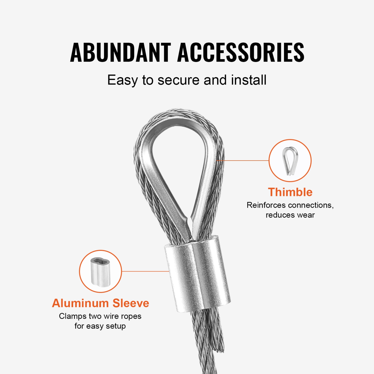 VEVOR 1/8" Wire Rope Kit, 100 ft 316 Stainless Steel Cable with 20 Sleeves and 10 Thimbles, 1600 lbs Breaking Strength, 7x7 Strands Marine Aircraft