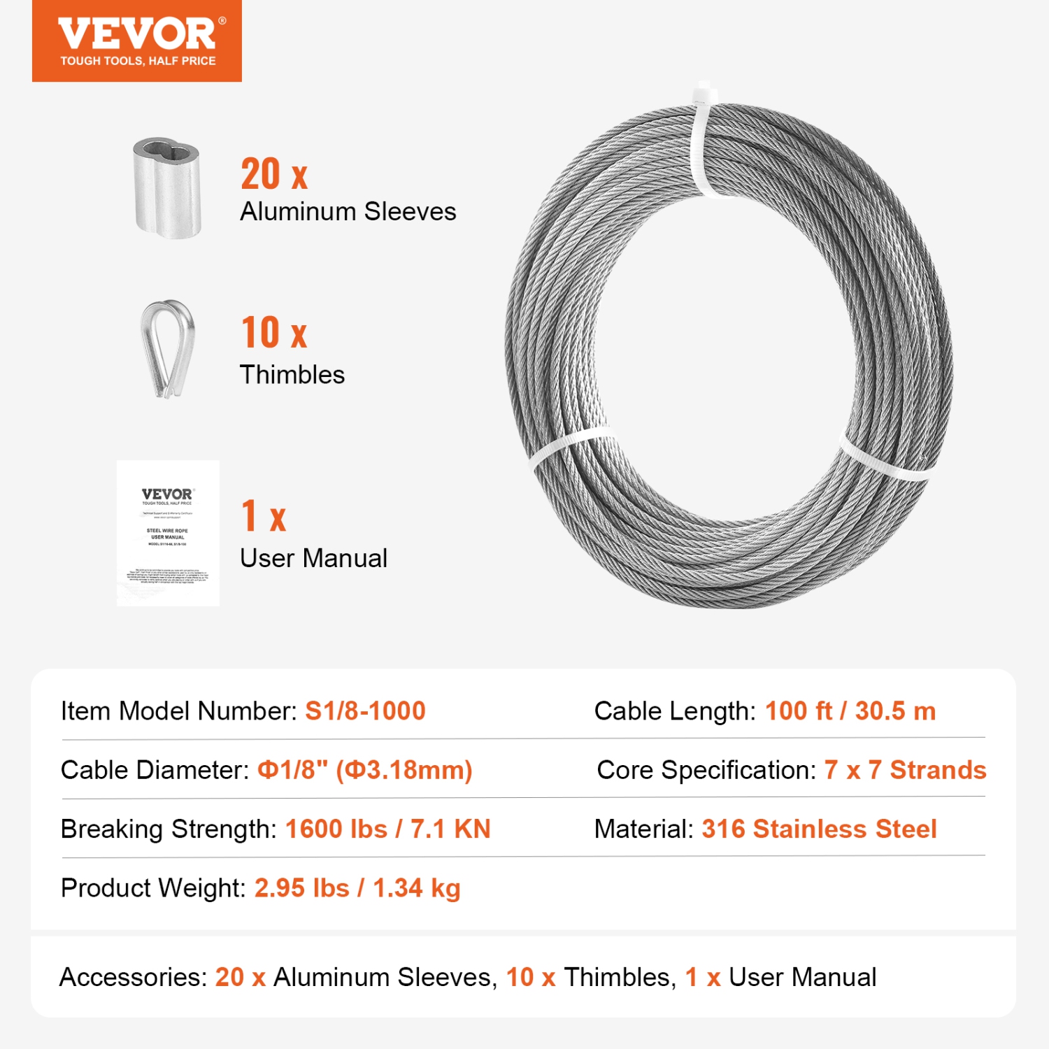 VEVOR 1/8" Wire Rope Kit, 100 ft 316 Stainless Steel Cable with 20 Sleeves and 10 Thimbles, 1600 lbs Breaking Strength, 7x7 Strands Marine Aircraft