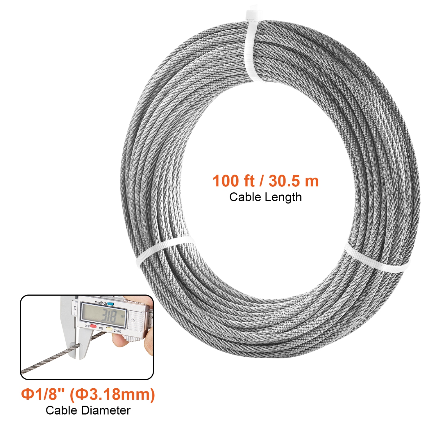 VEVOR 1/8" Wire Rope Kit, 100 ft 316 Stainless Steel Cable with 20 Sleeves and 10 Thimbles, 1600 lbs Breaking Strength, 7x7 Strands Marine Aircraft