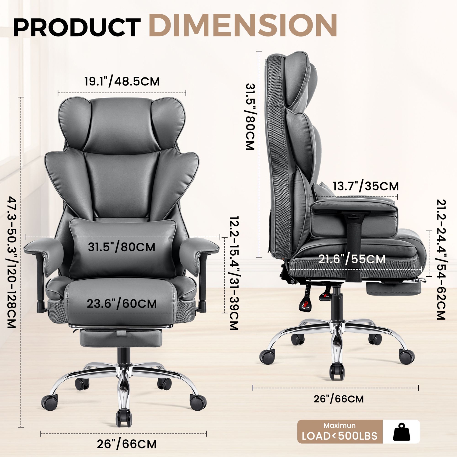 Coolse Big & Tall Executive Chair - 500LB Capacity, Adjustable Arms, Footrest & Lumbar Support, High Back PU Leather Gaming Chair for Adults