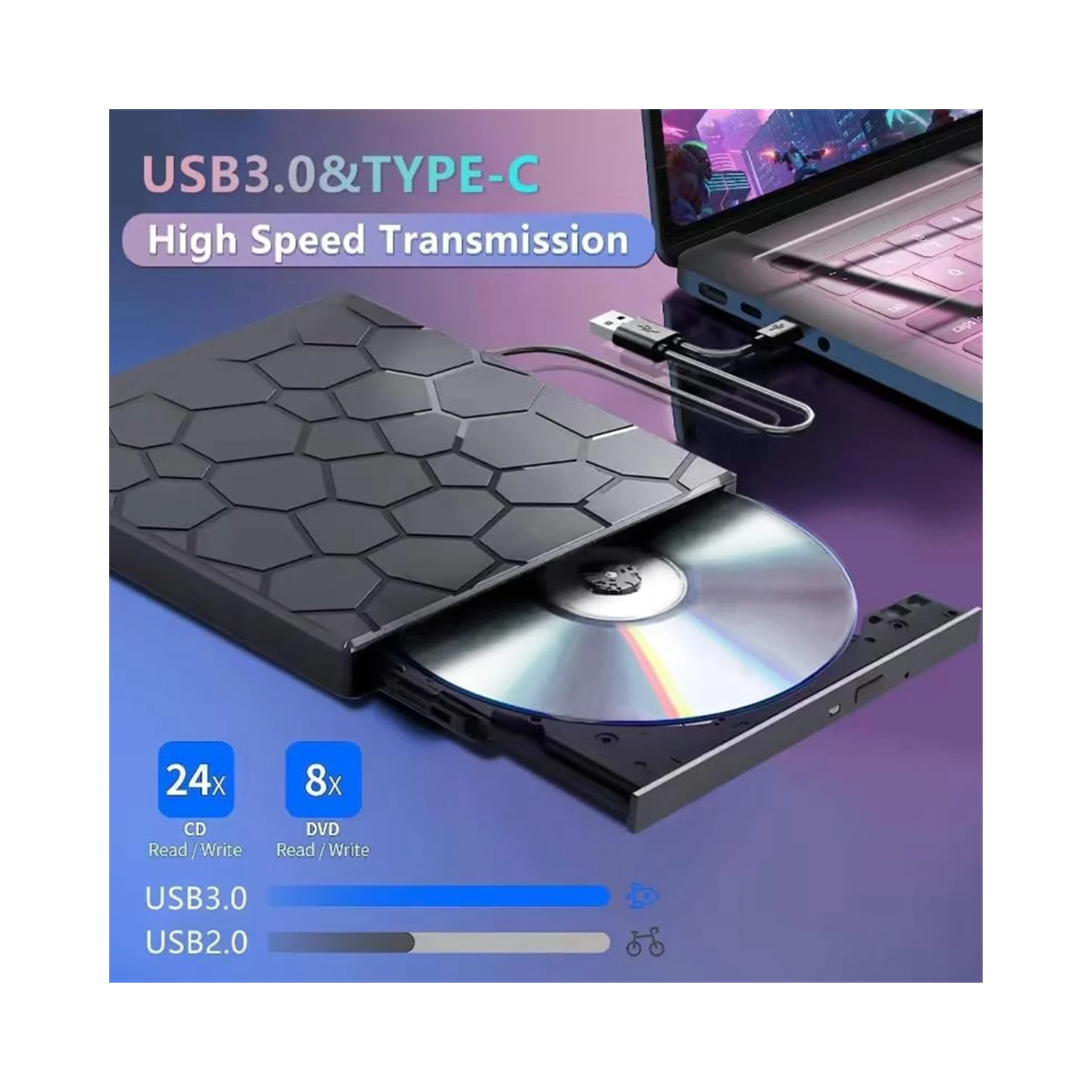 Lecteur CD/DVD externe pour ordinateur portatif, lecteur DVD 7-EN-1 USB 3,0, graveur, lecteur de disque externe, lecteur optique compatible avec