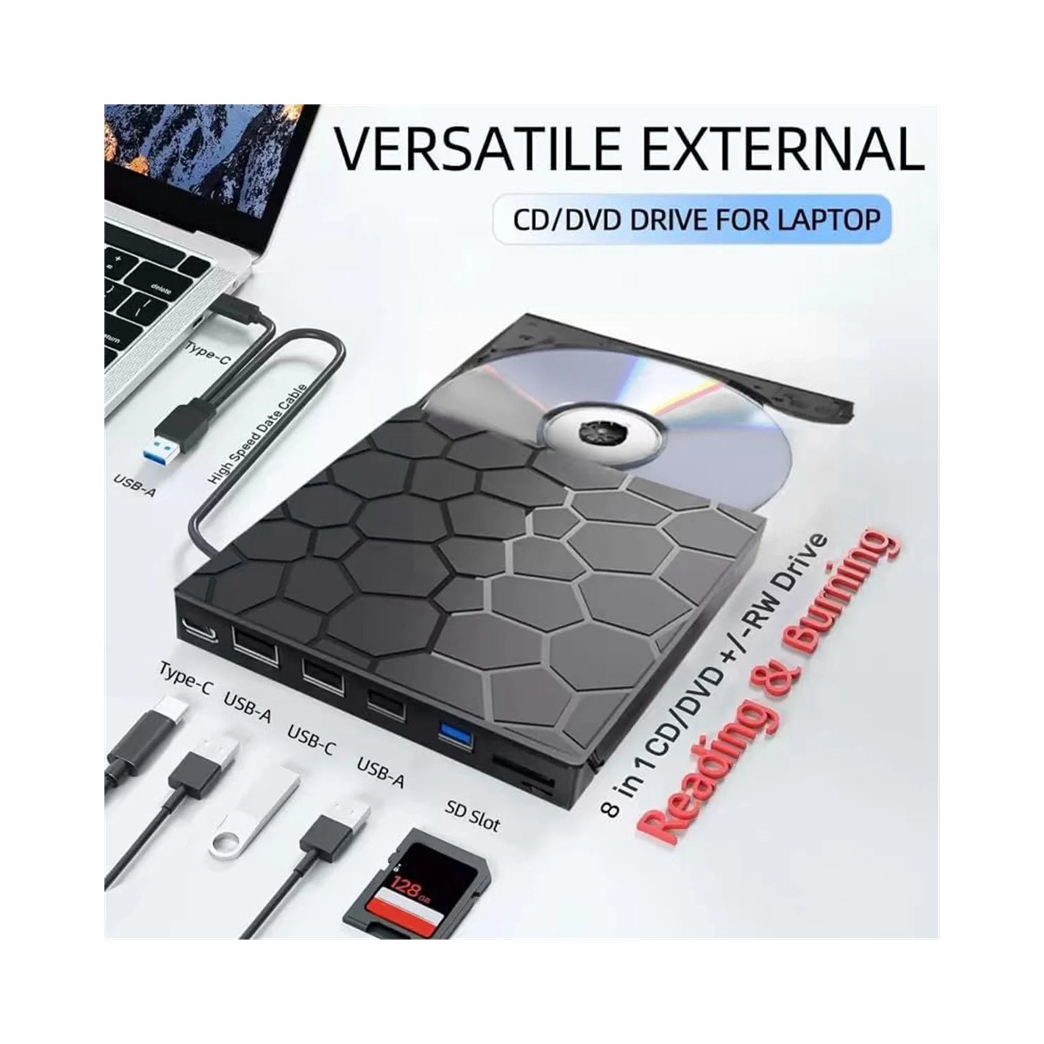 Lecteur CD/DVD externe pour ordinateur portatif, lecteur DVD 7-EN-1 USB 3,0, graveur, lecteur de disque externe, lecteur optique compatible avec