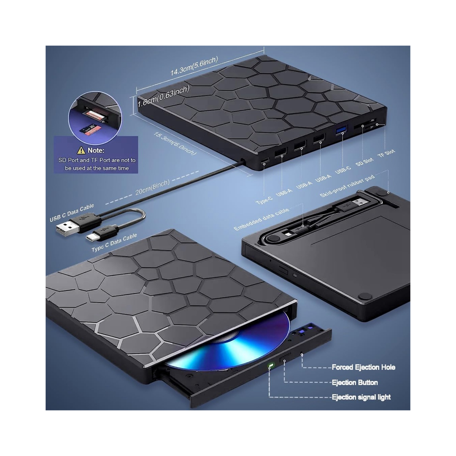 Lecteur CD/DVD externe pour ordinateur portatif, lecteur DVD 7-EN-1 USB 3,0, graveur, lecteur de disque externe, lecteur optique compatible avec