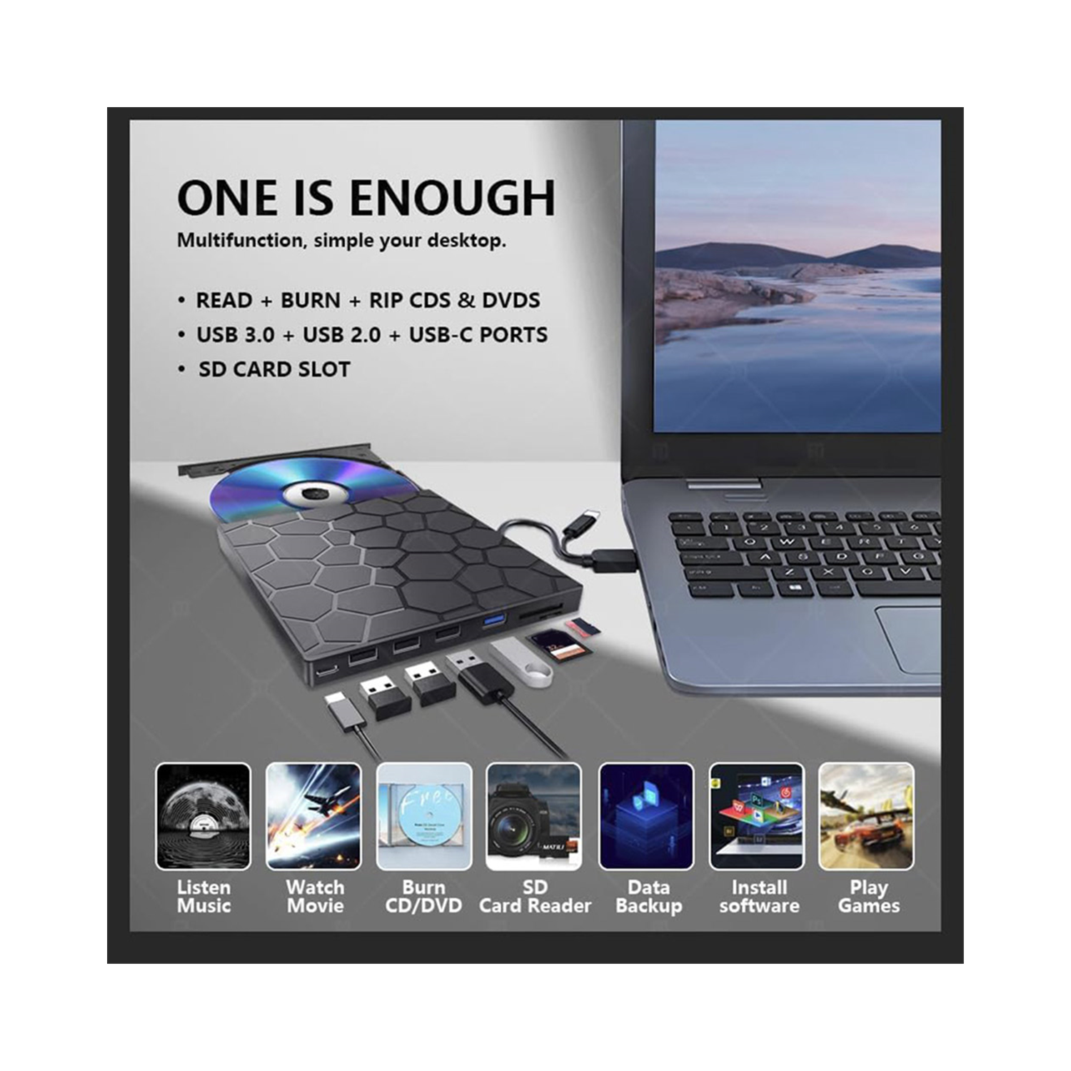 Lecteur CD/DVD externe pour ordinateur portatif, lecteur DVD 7-EN-1 USB 3,0, graveur, lecteur de disque externe, lecteur optique compatible avec