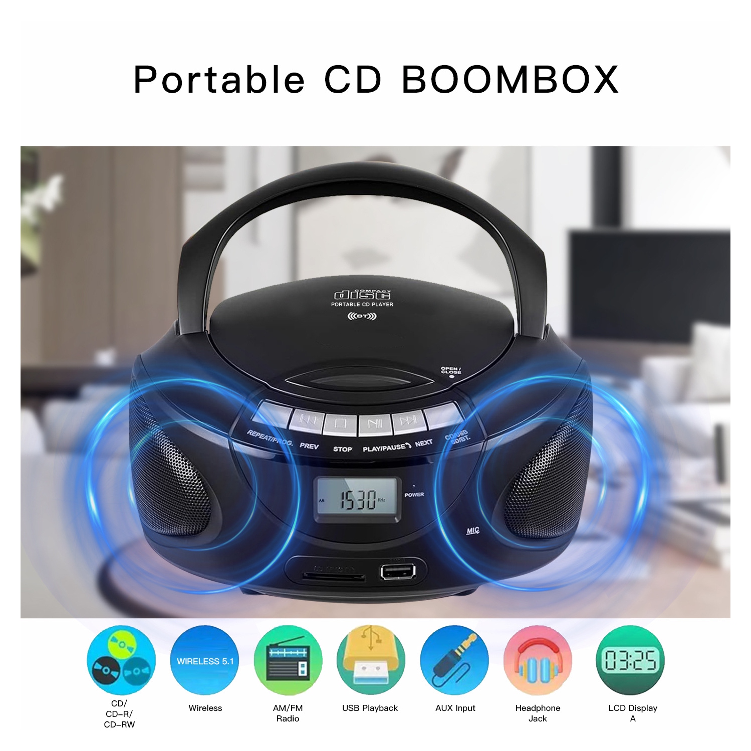 Lecteurs CD portatifs pour la maison, minichaîne CD avec radio AM/FM stéréo, Bluetooth, USB, carte SD, entrée auxiliaire Prise pour écouteurs,