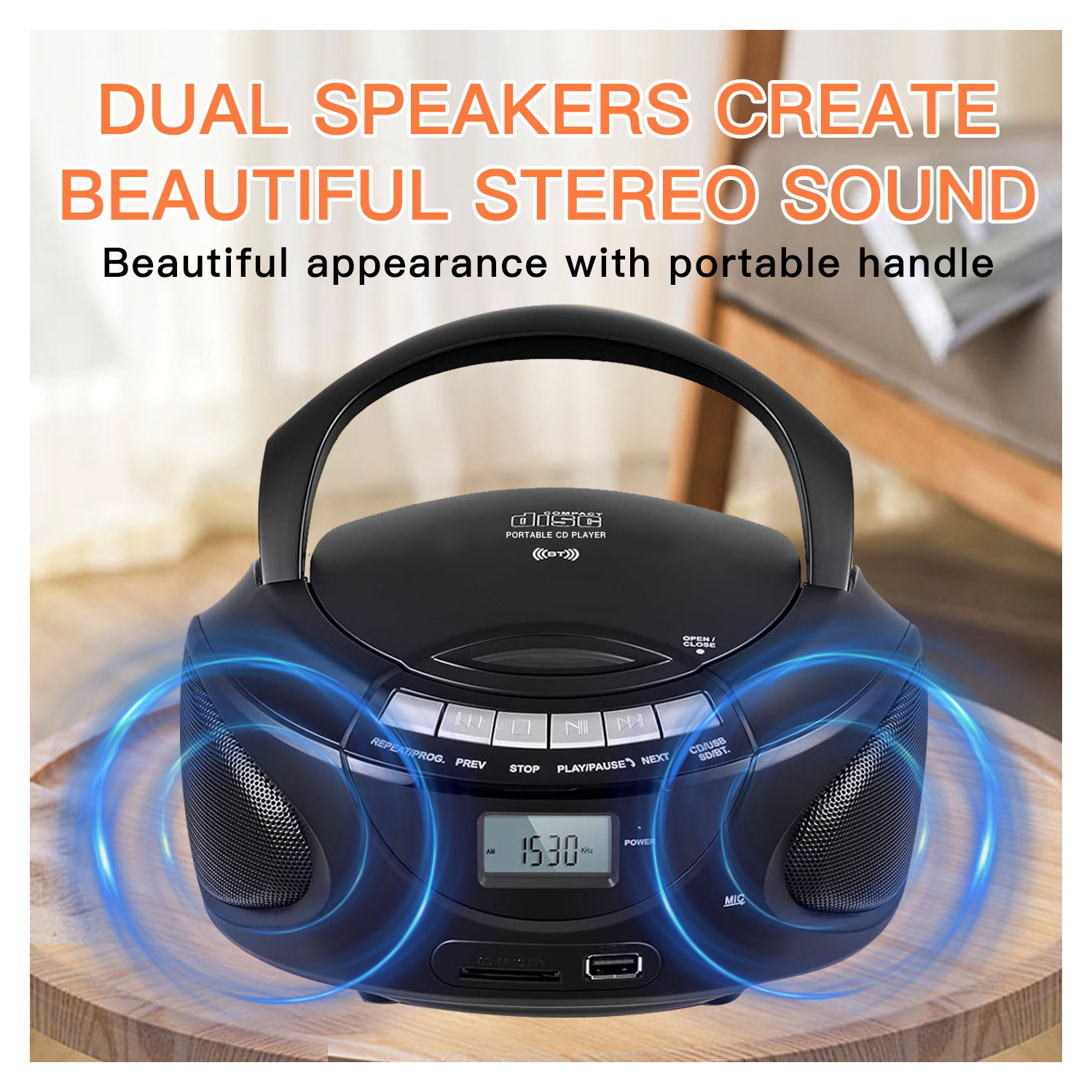 Lecteurs CD portatifs pour la maison, minichaîne CD avec radio AM/FM stéréo, Bluetooth, USB, carte SD, entrée auxiliaire Prise pour écouteurs,