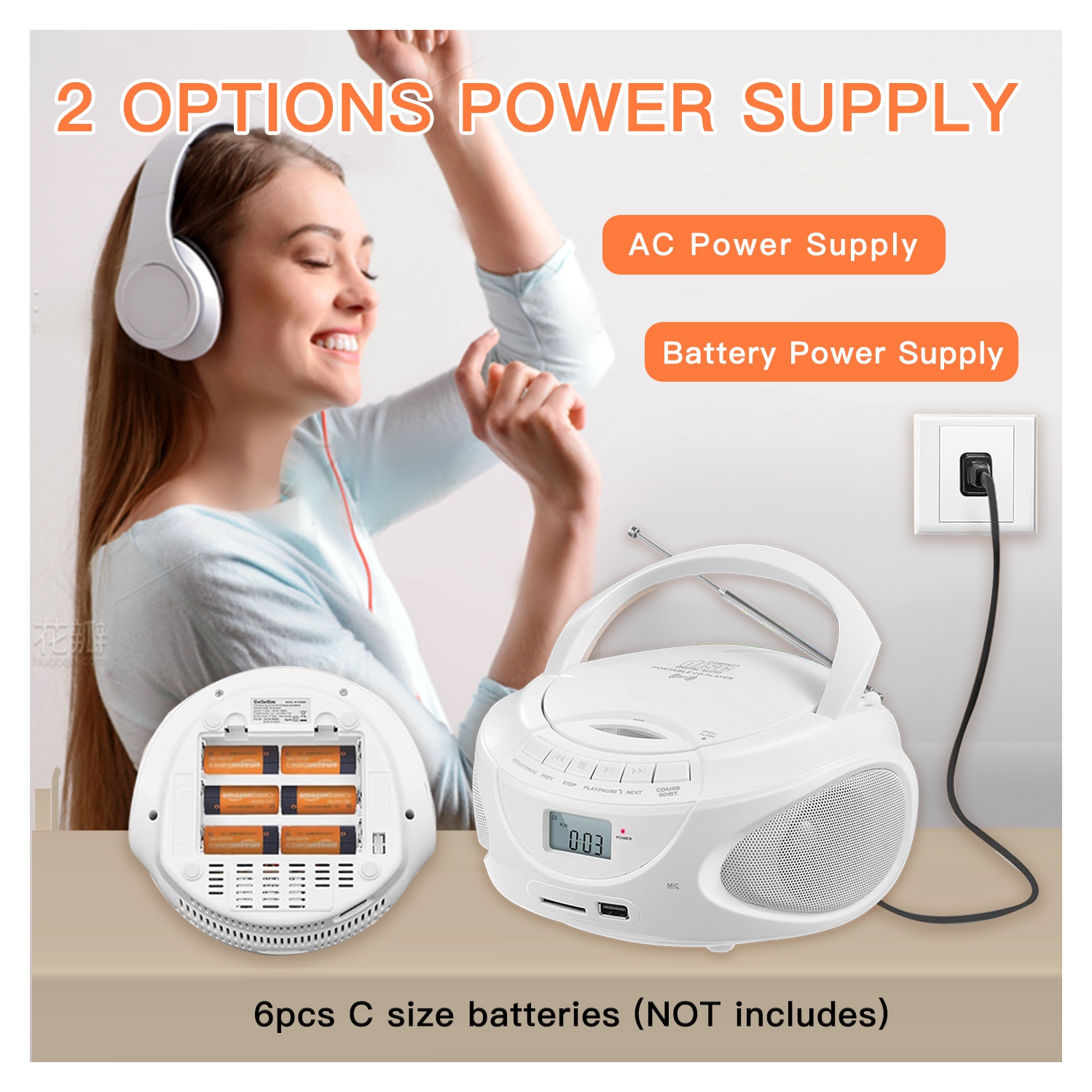 Lecteurs CD portatifs pour la maison, minichaîne CD avec radio AM/FM stéréo, Bluetooth, USB, carte SD, entrée auxiliaire Prise pour écouteurs,