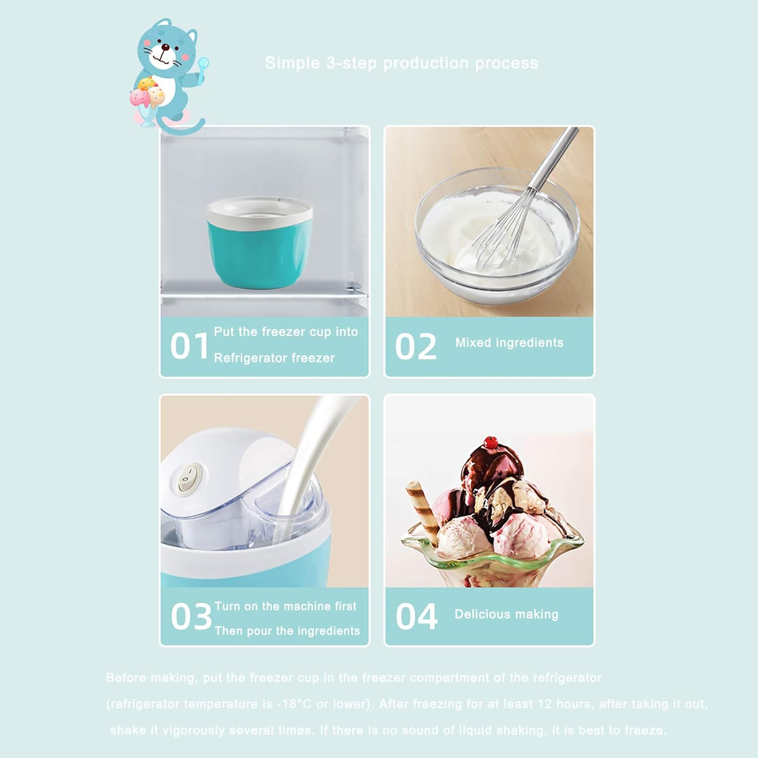 Quick-freezing ice cream machine – 500ml healthy dessert machine, compact and portable, 360° stirring, no ice residue, one-button operation