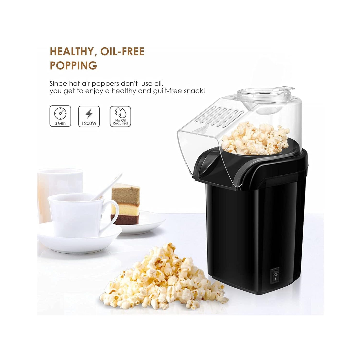 1200w household popcorn machine – pops quickly in 3 minutes, with a popcorn rate of up to 98%, oil-free, low in calories, and quick to make healthy