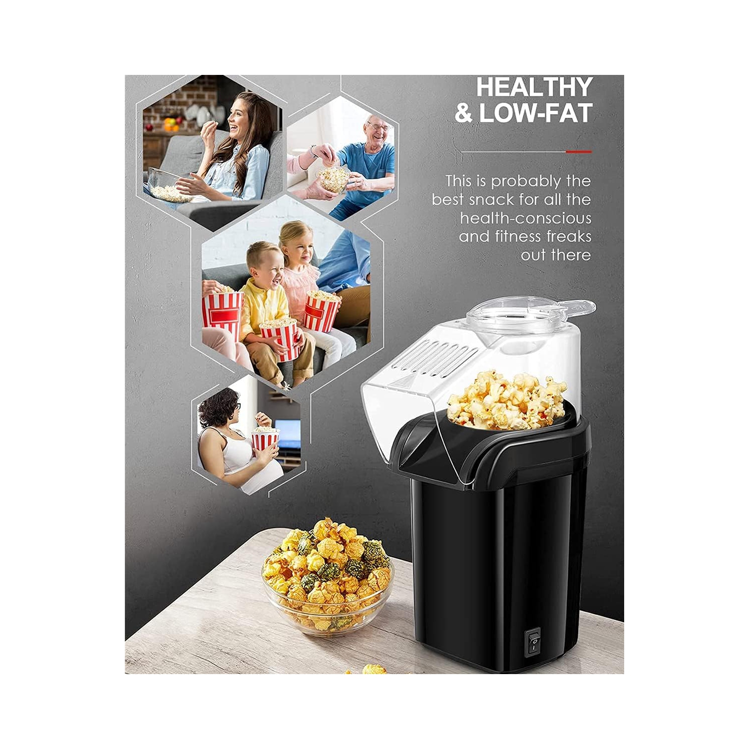 1200w household popcorn machine – pops quickly in 3 minutes, with a popcorn rate of up to 98%, oil-free, low in calories, and quick to make healthy