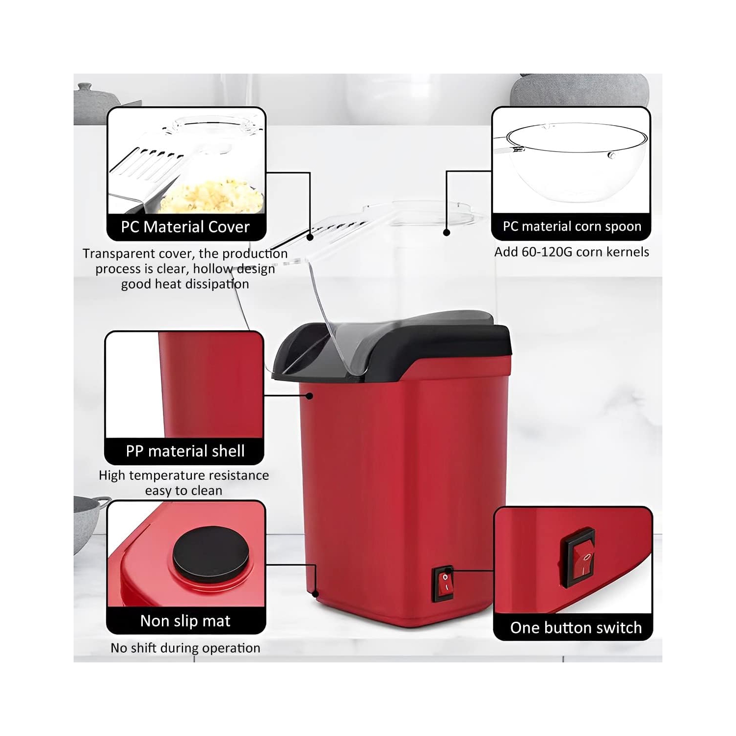 1200w household popcorn machine – pops quickly in 3 minutes, with a popcorn rate of up to 98%, oil-free, low in calories, and quick to make healthy