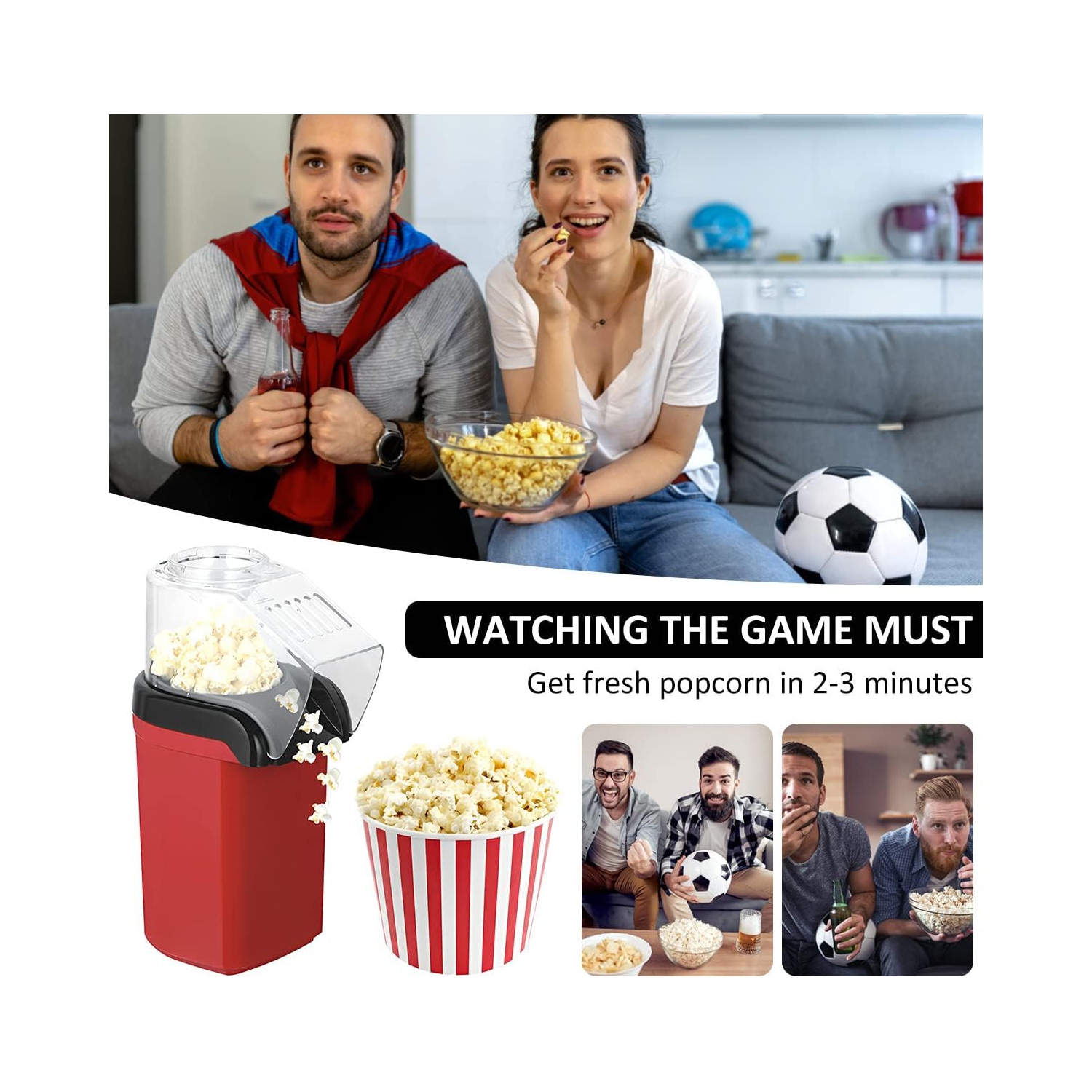 1200w household popcorn machine – pops quickly in 3 minutes, with a popcorn rate of up to 98%, oil-free, low in calories, and quick to make healthy