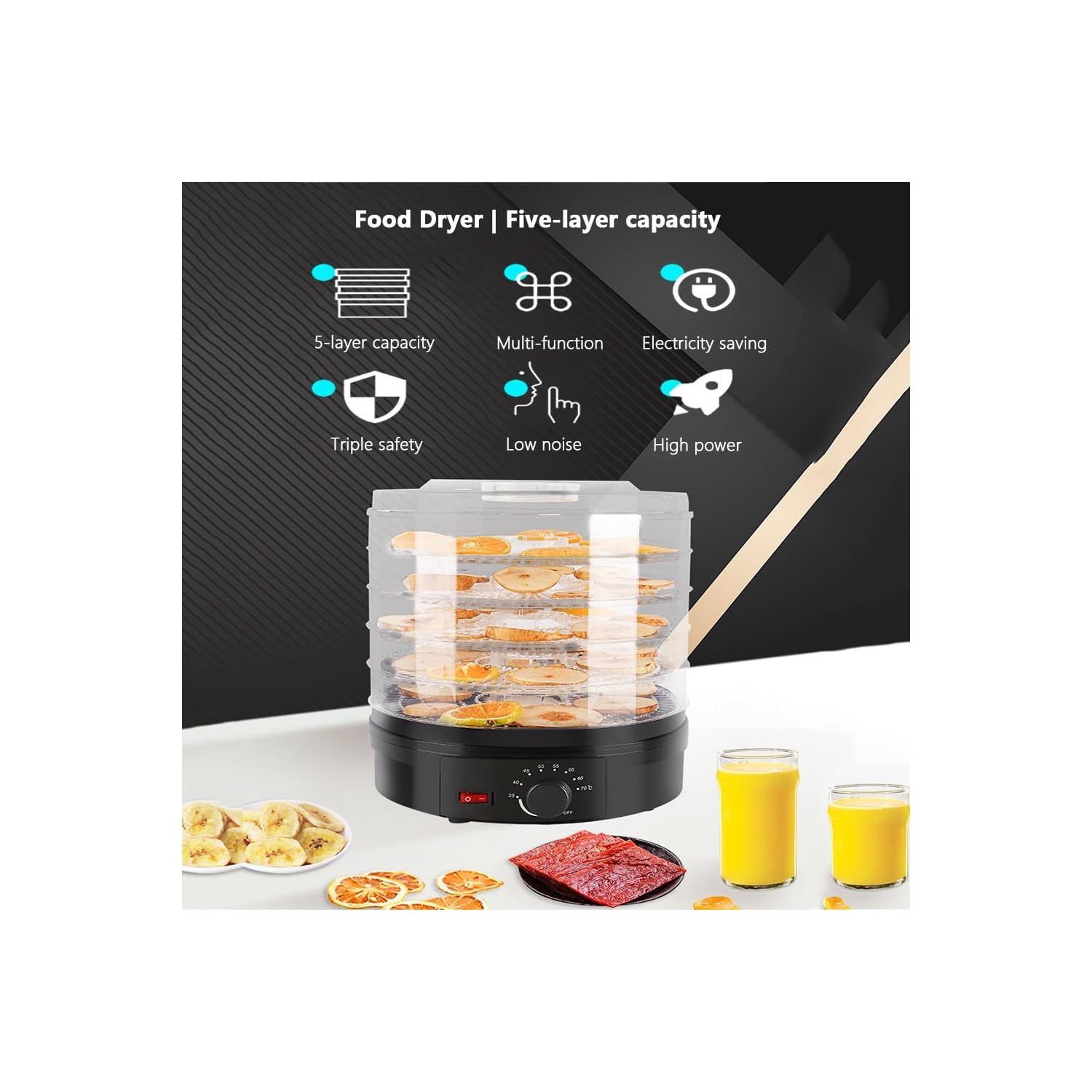 Deshidratador de frutas y verduras o secador de alimentos para frutas, verduras y carne seca, rango de temperatura ajustable de 35 a 70°C, 5 bandejas