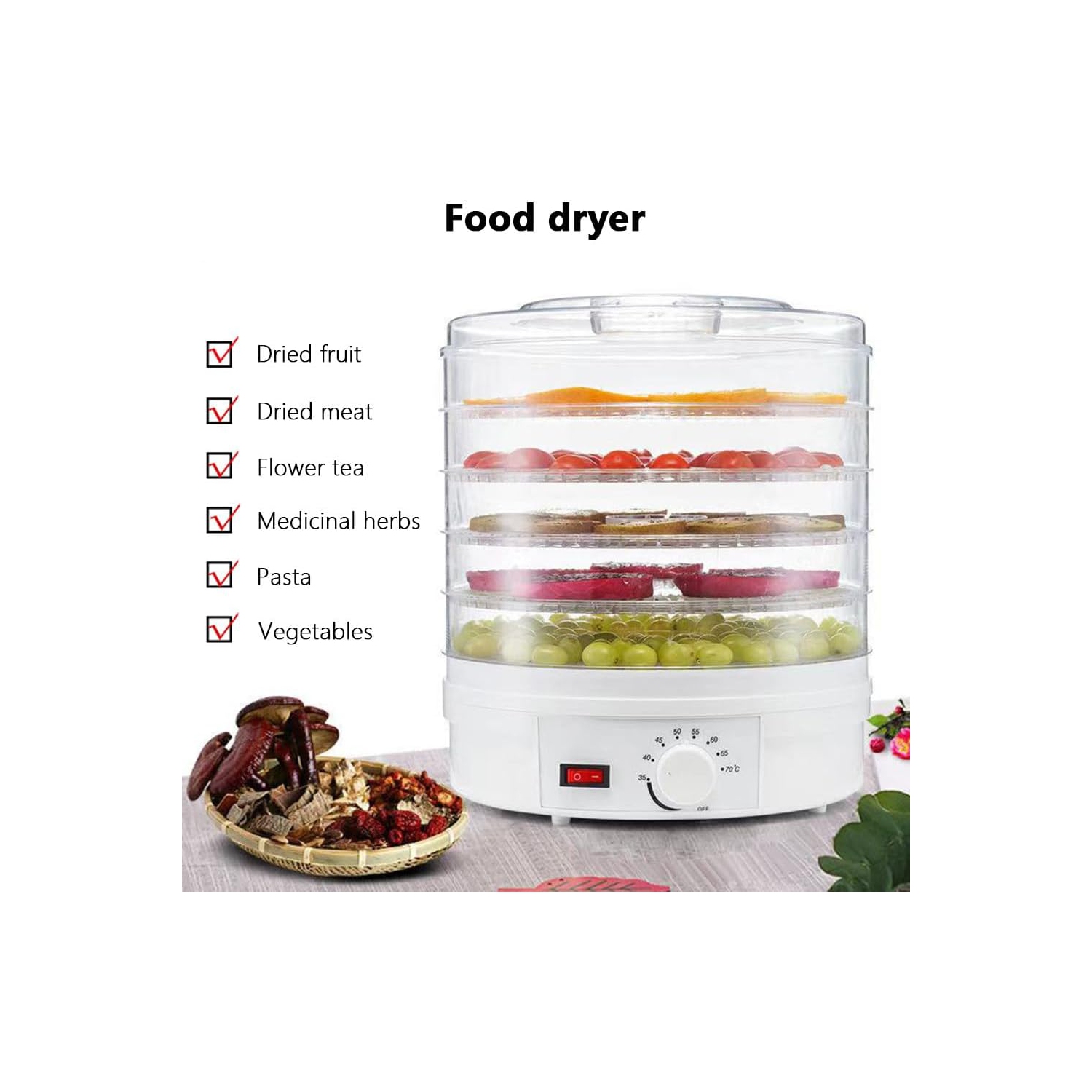 Deshidratador de frutas y verduras o secador de alimentos para frutas, verduras y carne seca, rango de temperatura ajustable de 35 a 70°C, 5 bandejas