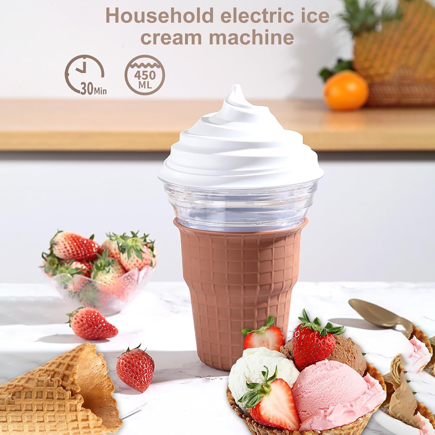 Mini machine ice cream machine, DIY soft ice cream, 400ml unique appearance home ice cream machine, simulated manual stirring, easy to clean and