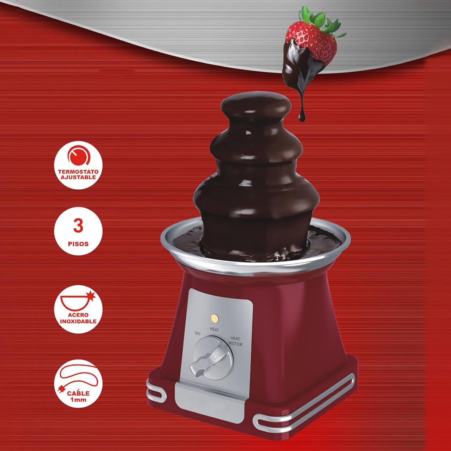 Three-tiered mini chocolate fountain, removable/easy to clean, knob control + easy to use, roaster, chocolate dipping - for fruit, gourmet, red