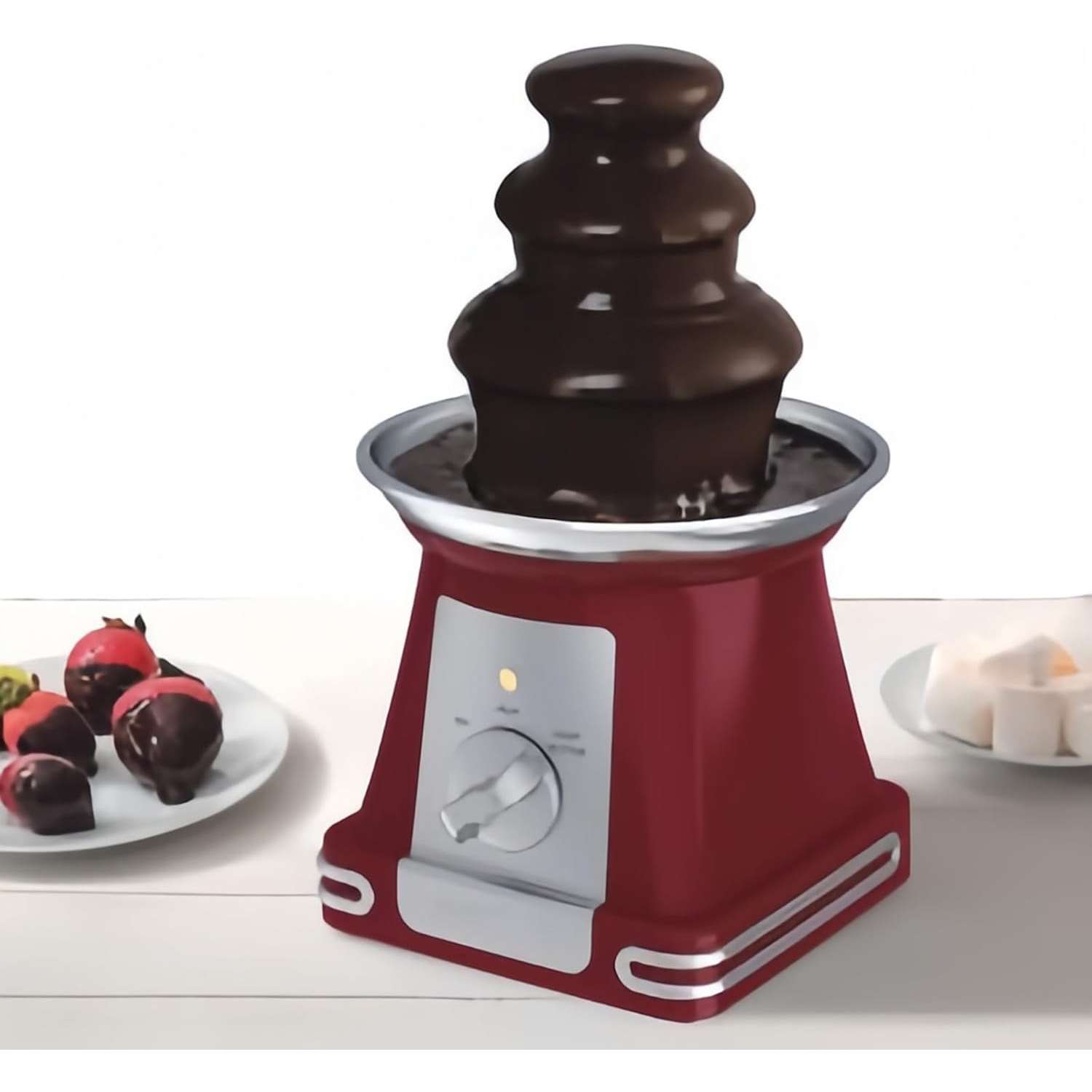 Three-tiered mini chocolate fountain, removable/easy to clean, knob control + easy to use, roaster, chocolate dipping - for fruit, gourmet, red