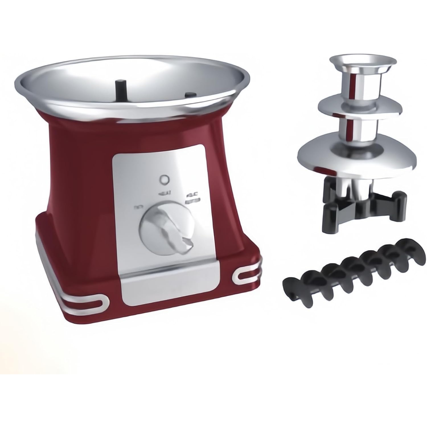 Three-tiered mini chocolate fountain, removable/easy to clean, knob control + easy to use, roaster, chocolate dipping - for fruit, gourmet, red