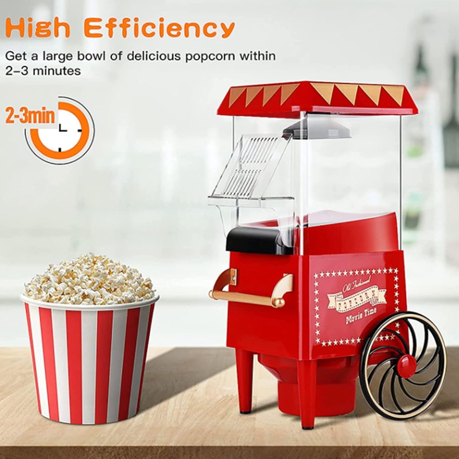 Portable popcorn machine 1200w hot air popcorn machine No oil required, easy to clean, pops quickly in 3 minutes, healthy home snack machine