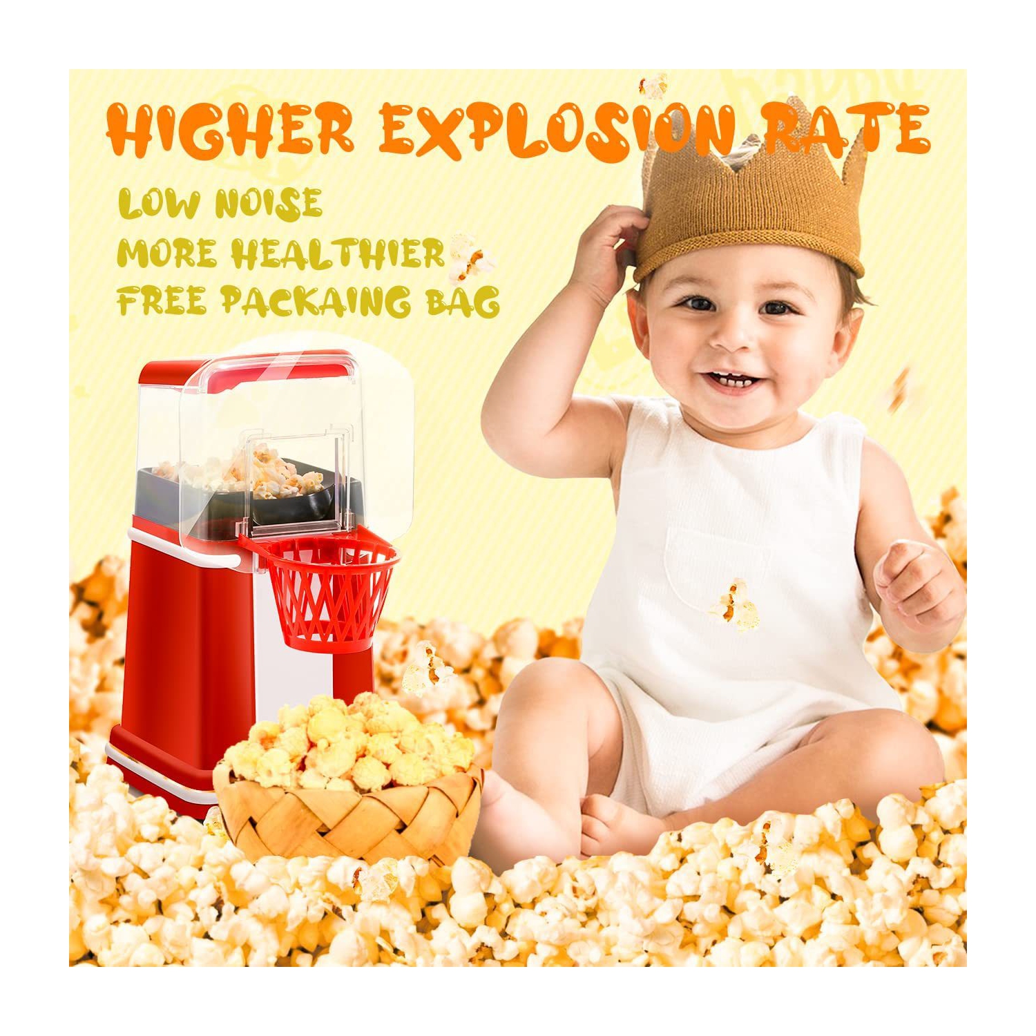 Electric automatic popcorn machine Mini portable popcorn machine Kitchen household popcorn machine Fast household snack machine Large capacity