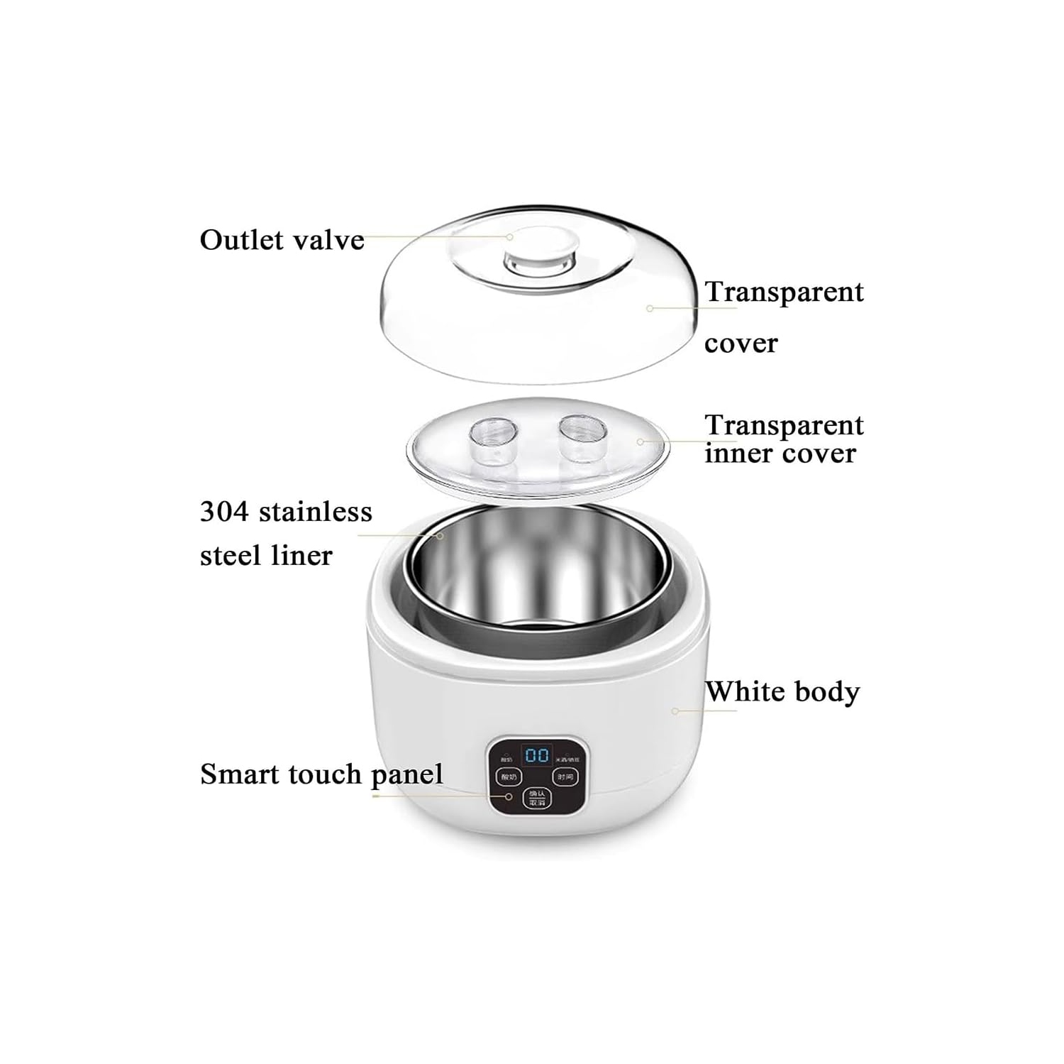 Yogourtière Smart LCD de 1 L - Acier inoxydable, grande capacité, couvercle transparent, 100 % sans additifs, compact et facile à nettoyer, avec