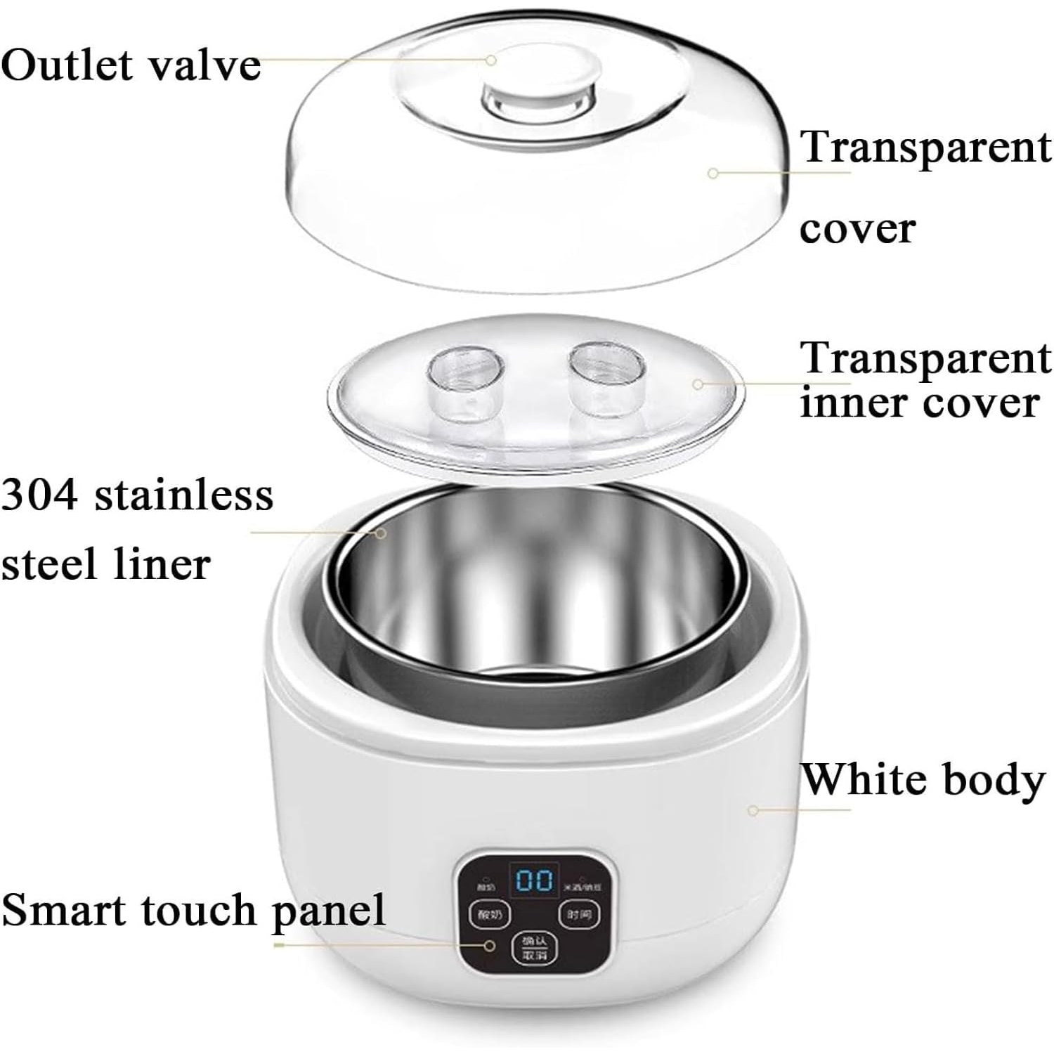 Yogourtière Smart LCD de 1&nbsp;L – Acier inoxydable, grande capacité, couvercle transparent, 100 % sans additifs, compact et facile à nettoyer