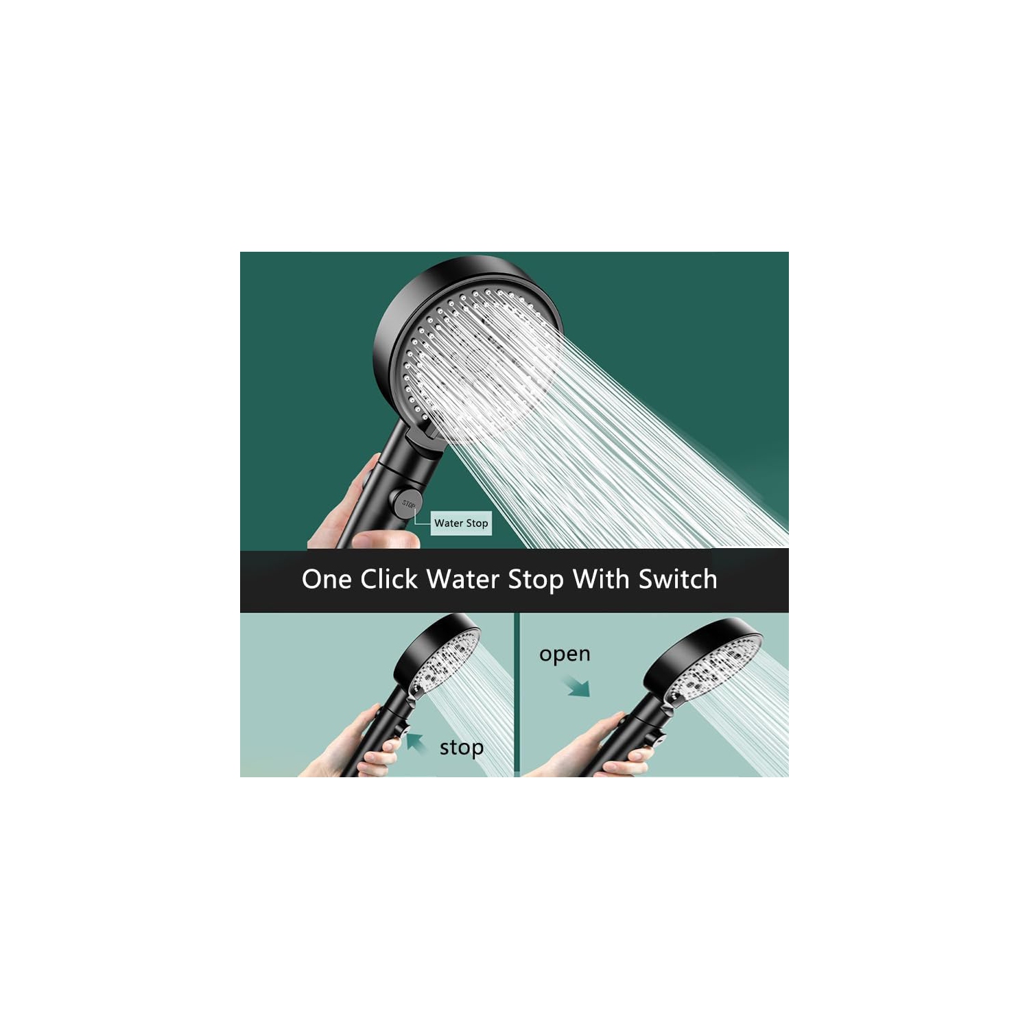 Shower head adjustable high pressure water saving shower head water massage shower head with one button stop function for bathroom accessories, black